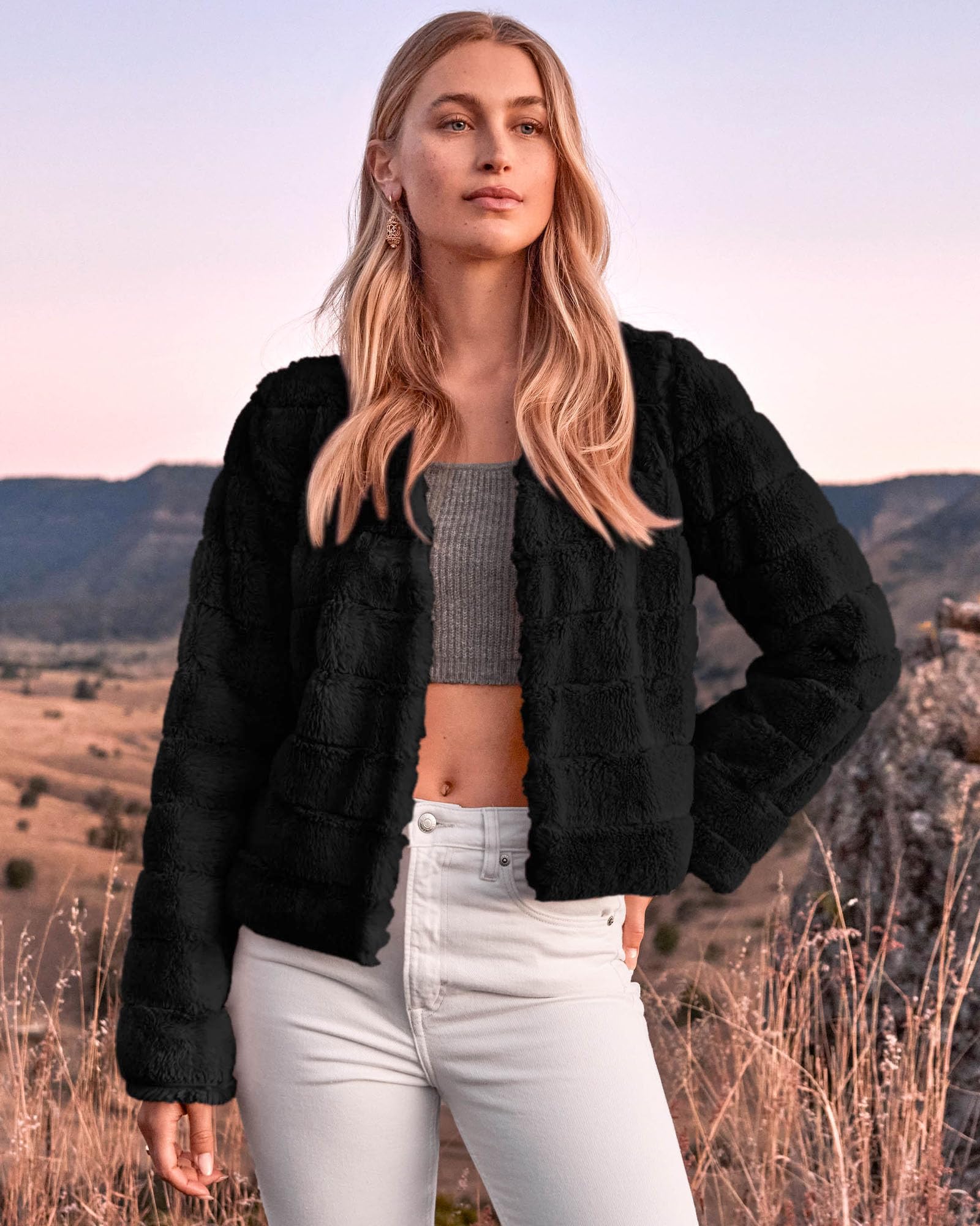 FreshPretty Winter Coats For Women Faux Fur Jacket Soft Long Sleeve Fluffy Open Front Outerwear Fall Outfits