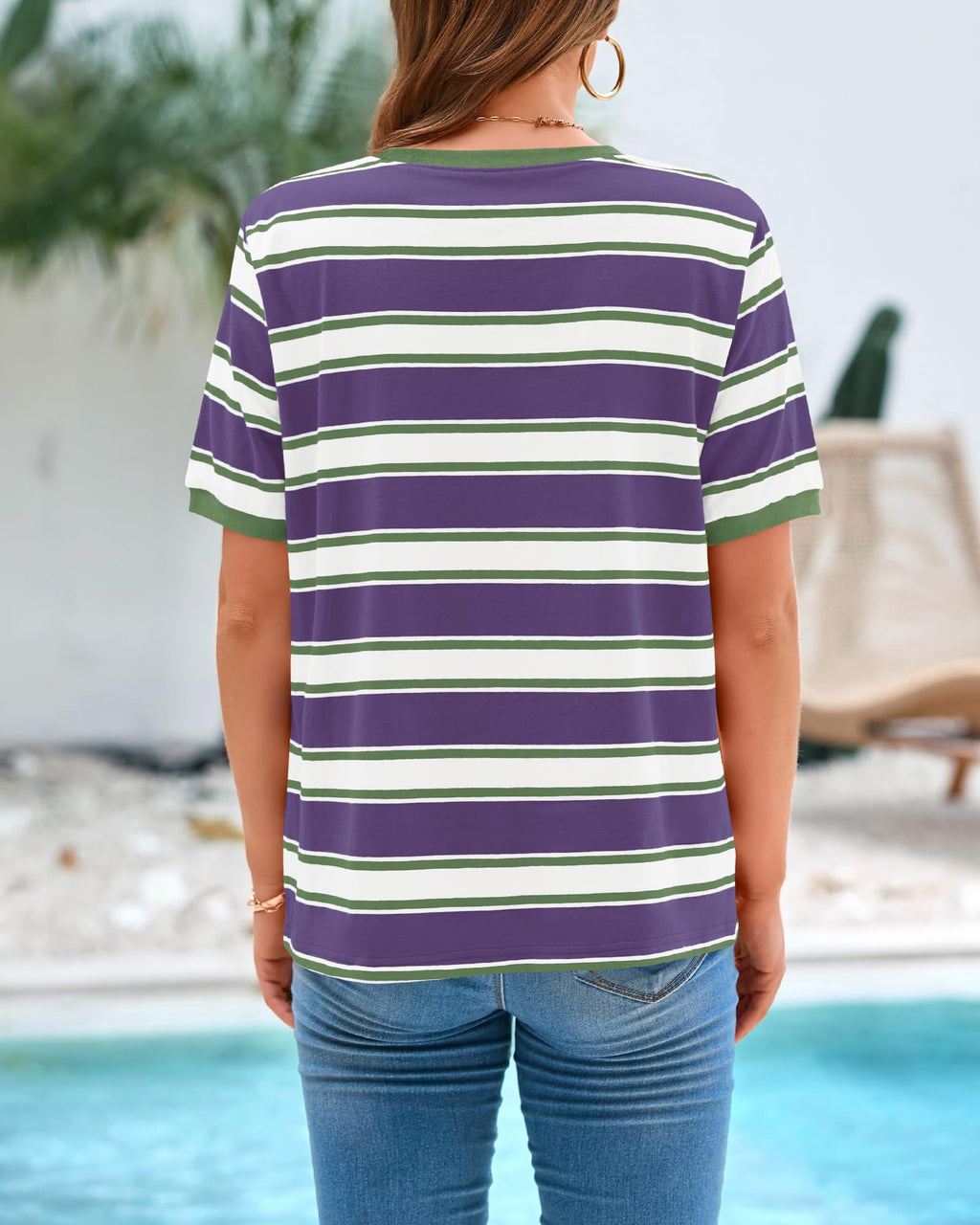 BTFBM Summer Tops for Women Crewneck Short Sleeve Striped T Shirts Casual Spring Clothes Color Block Basic Tee Blouses