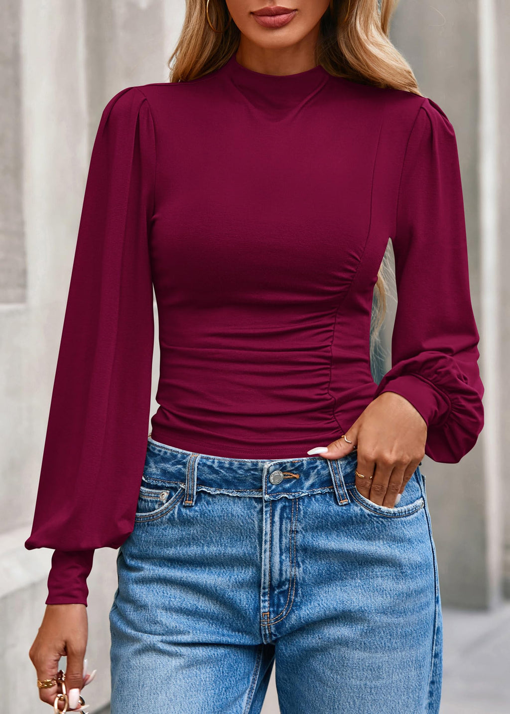 FreshPretty Blouses for Women Dressy Casual Spring Tops Fall Puff Long Sleeve Shirts Fitted Mock Neck Ruched Trendy Tops