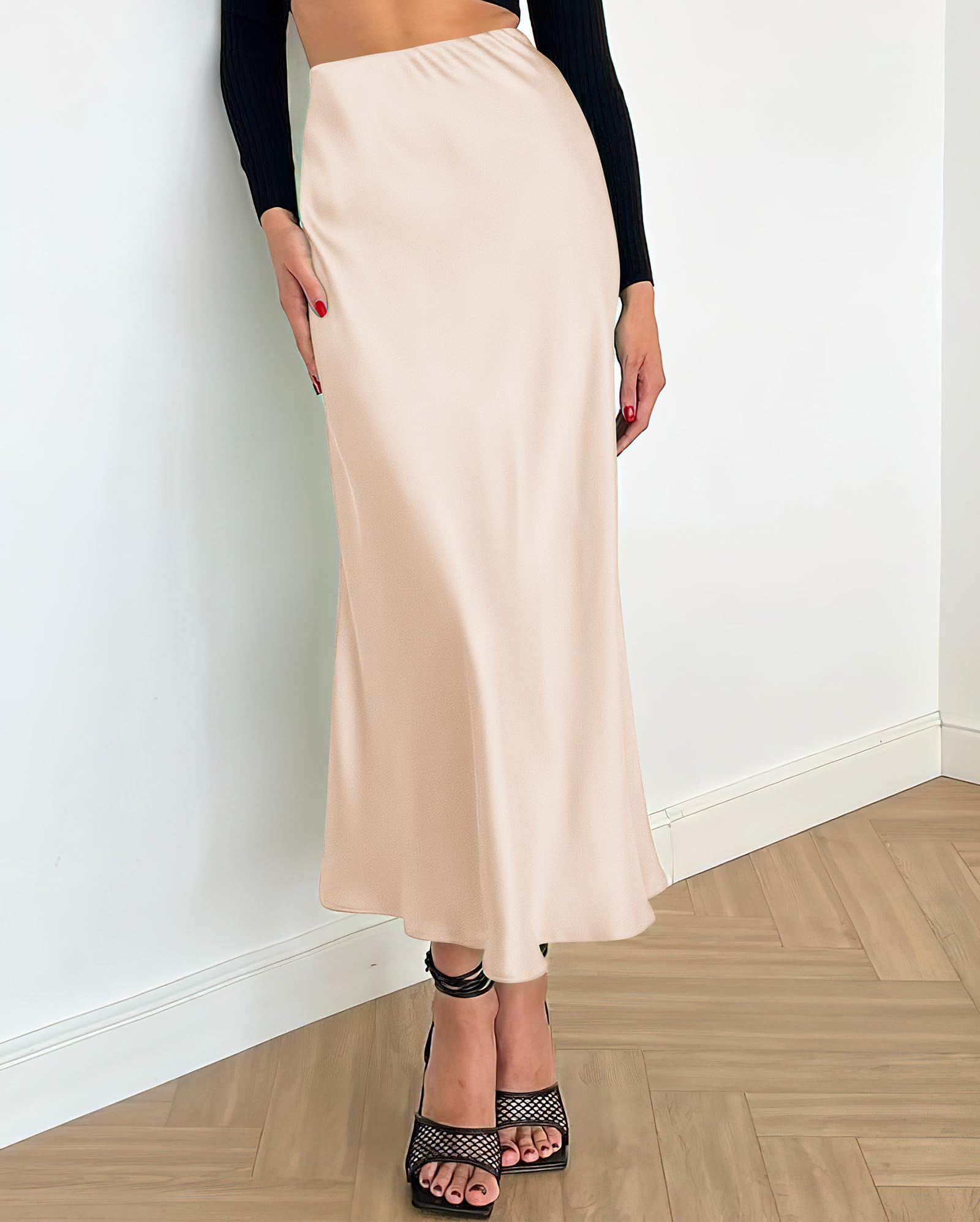 BTFBM Summer Womens Skirts Silk Elegant High Waist Flowy Long Satin A-Line Midi Skirt Cocktail Wedding Party