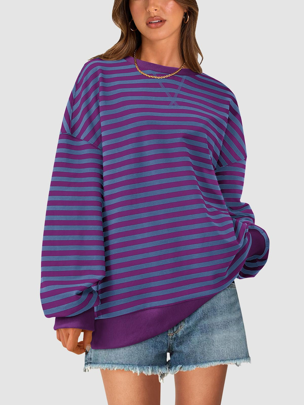 PRETTYGARDEN Womens Striped Oversized Sweatshirt Color Block Crew Neck Long Sleeve Casual Loose Pullover Top Y2K Clothes