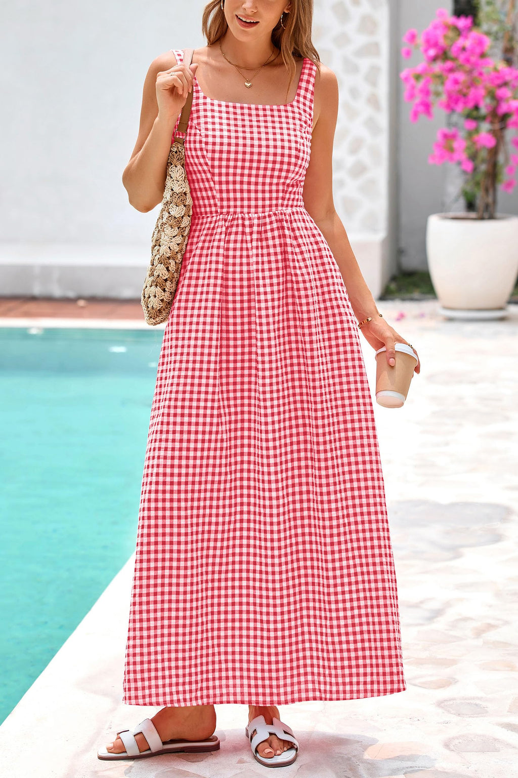 PRETTYGARDEN Women's Summer Spaghetti Strap Maxi Dresses Plaid Square Neck A Line Casual Beach Vacation Long Sundress