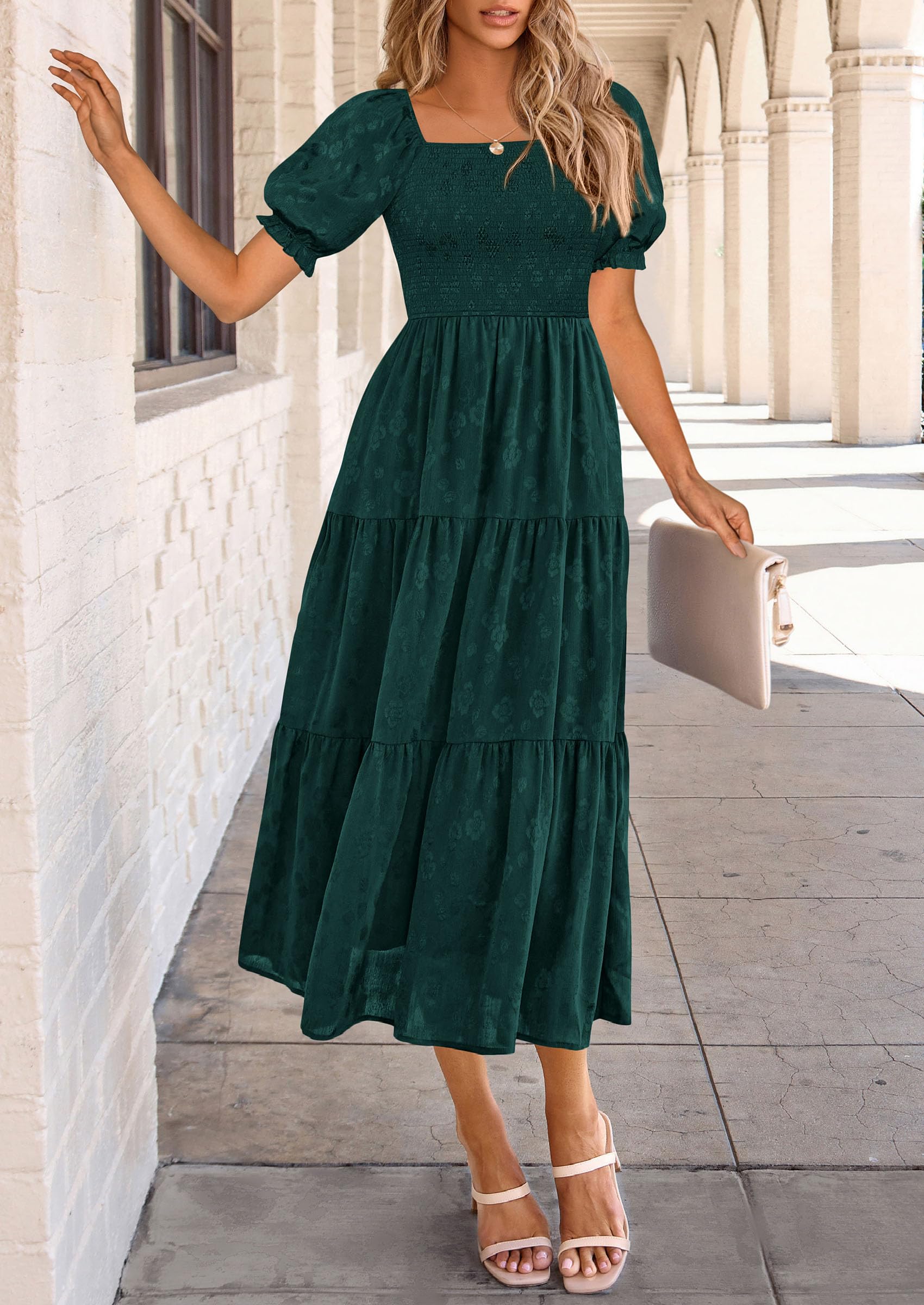 PRETTYGARDEN Women's Summer Casual Midi Dresses Square Neck Short Sleeve Smocked A Line Floral Flowy Elegant Boho Dress