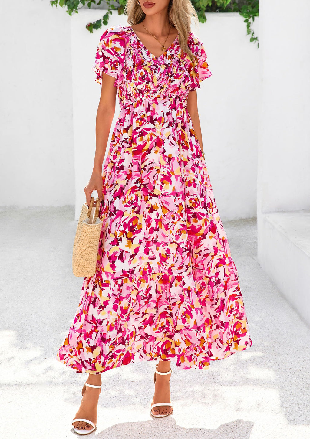 PRETTYGARDEN Boho Dresses for Women Summer Floral Short Sleeve V Neck Smocked Flowy Beach Vacation Maxi Dress