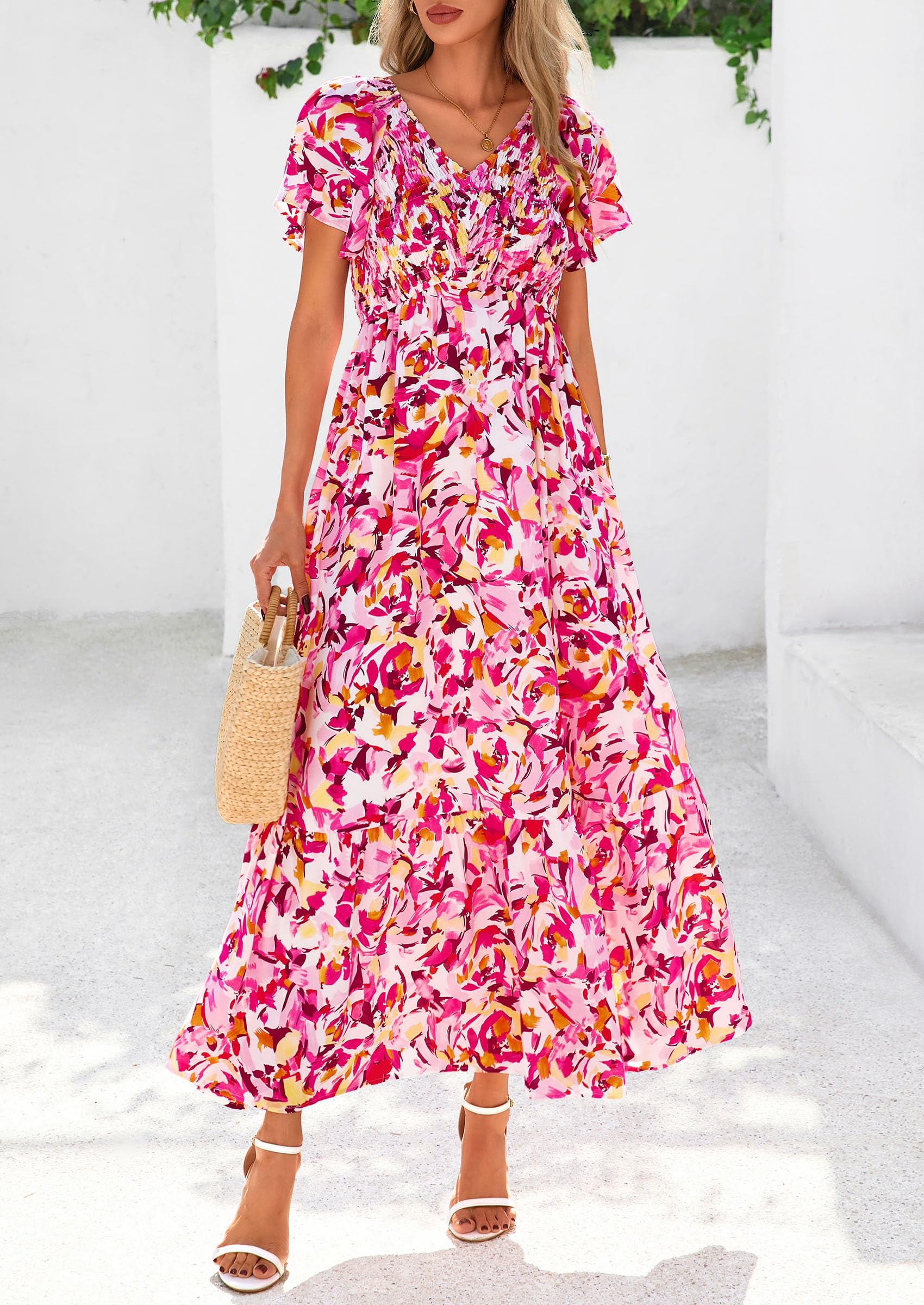PRETTYGARDEN Boho Dresses for Women Summer Floral Short Sleeve V Neck Smocked Flowy Beach Vacation Maxi Dress