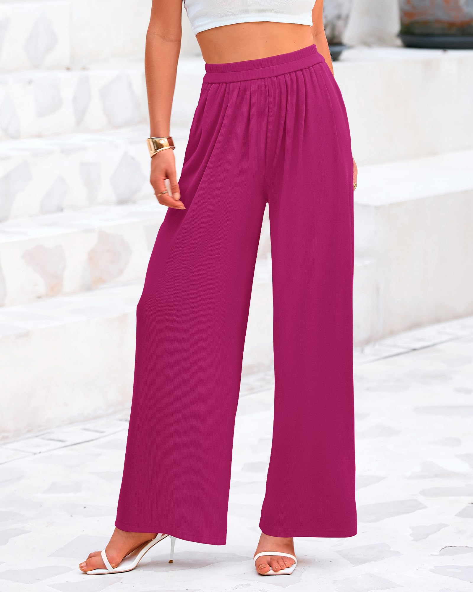 BTFBM Palazzo Pants for Women Spring Summer Clothes Pockets High Waist Casual Knit Flowy Wide Leg Trousers