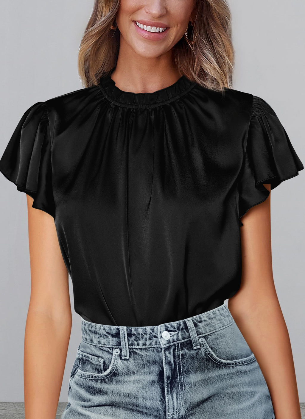 PRETTYGARDEN Business Casual Tops for Women Blouses Dressy  Summer Short Sleeve Ruffle Satin Work Office Attire