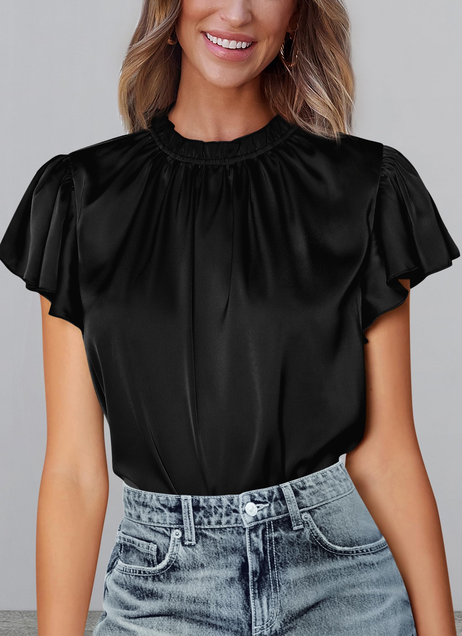 PRETTYGARDEN Business Casual Tops for Women Blouses Dressy  Summer Short Sleeve Ruffle Satin Work Office Attire