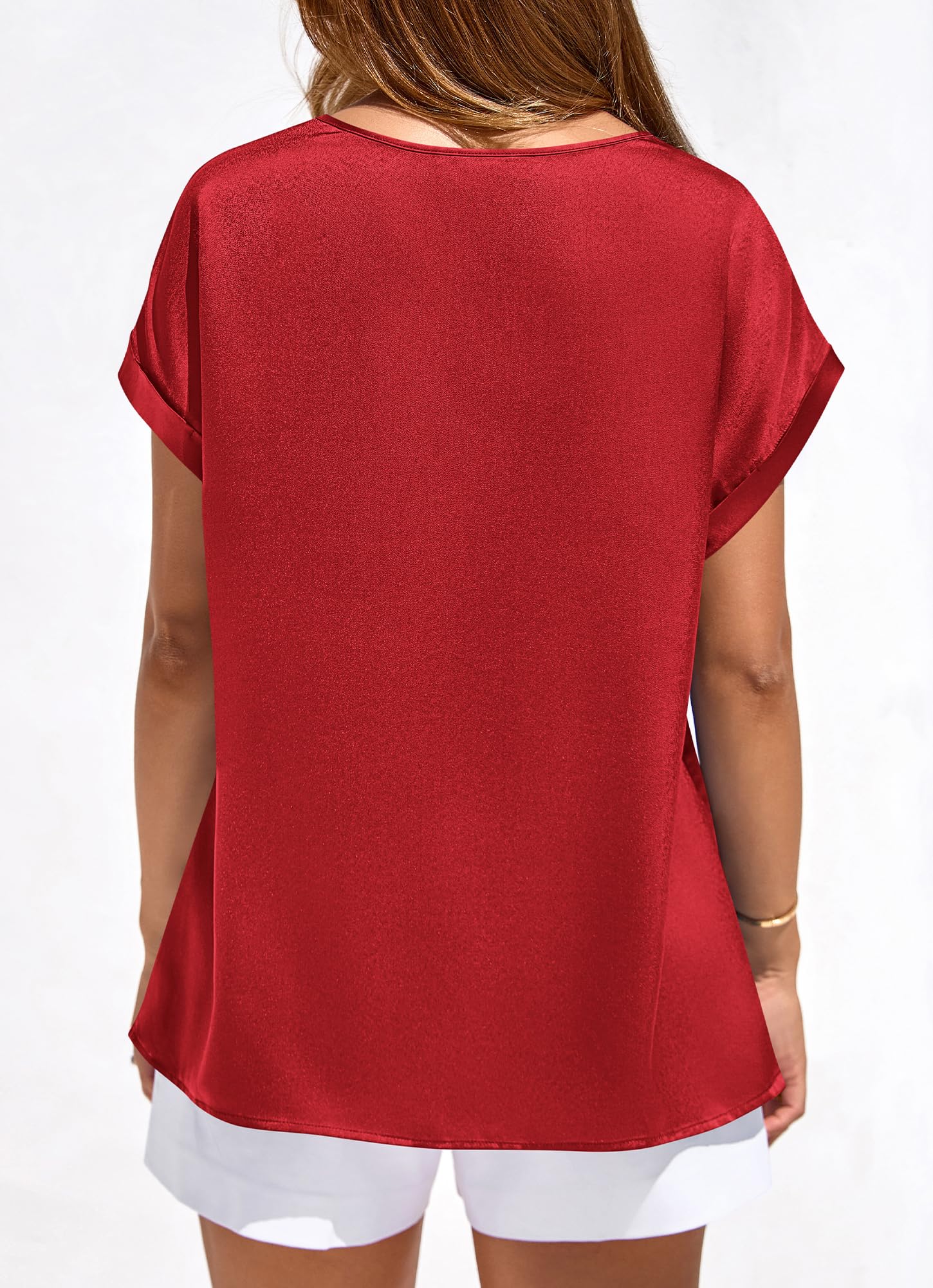 FreshPretty Womens Summer Tops Satin Silk Crewneck Short Sleeve Shirts Work Business Outfits Spring Blouses Dressy Casual