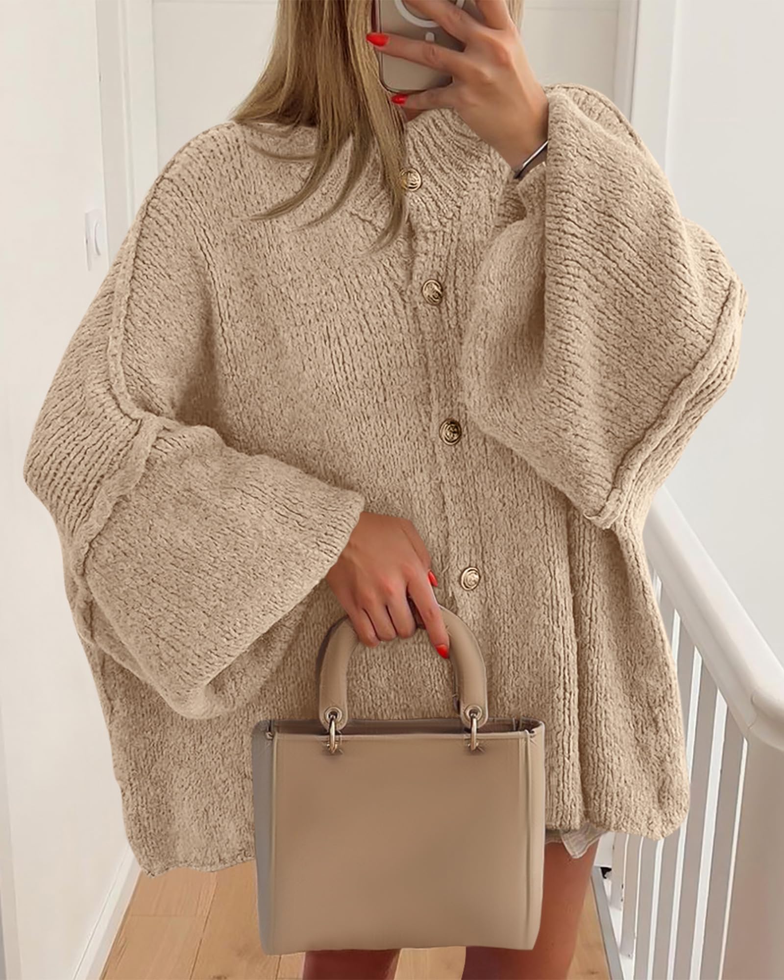 FreshPretty Cardigan Sweaters for Women Fall Clothes Lantern Long Sleeve Button Open Front Chunky Knit Oversized Sweater