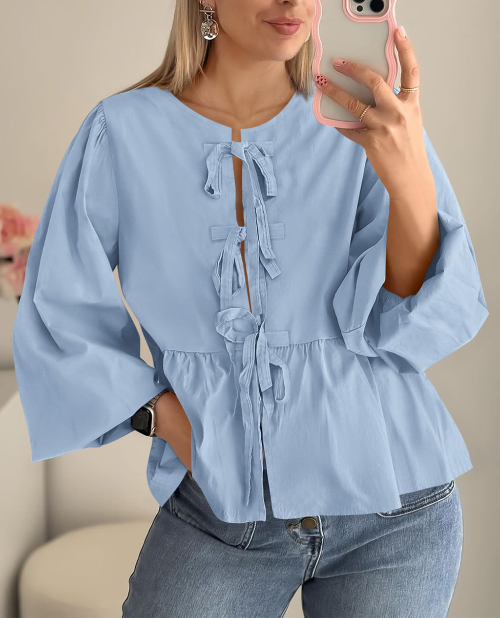 PRETTYGARDEN Women's Spring Fall Babydoll Peplum Blouse Shirt Puff Long Sleeve Bow Tie Front Trendy Cute Y2K Going Out Tops