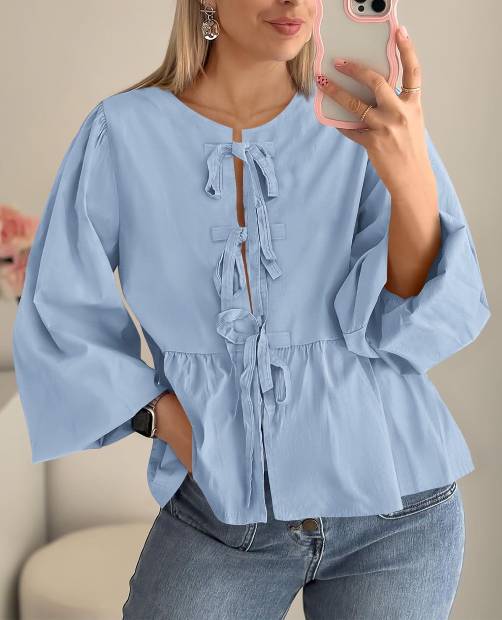 PRETTYGARDEN Women's Spring Fall Babydoll Peplum Blouse Shirt Puff Long Sleeve Bow Tie Front Trendy Cute Y2K Going Out Tops