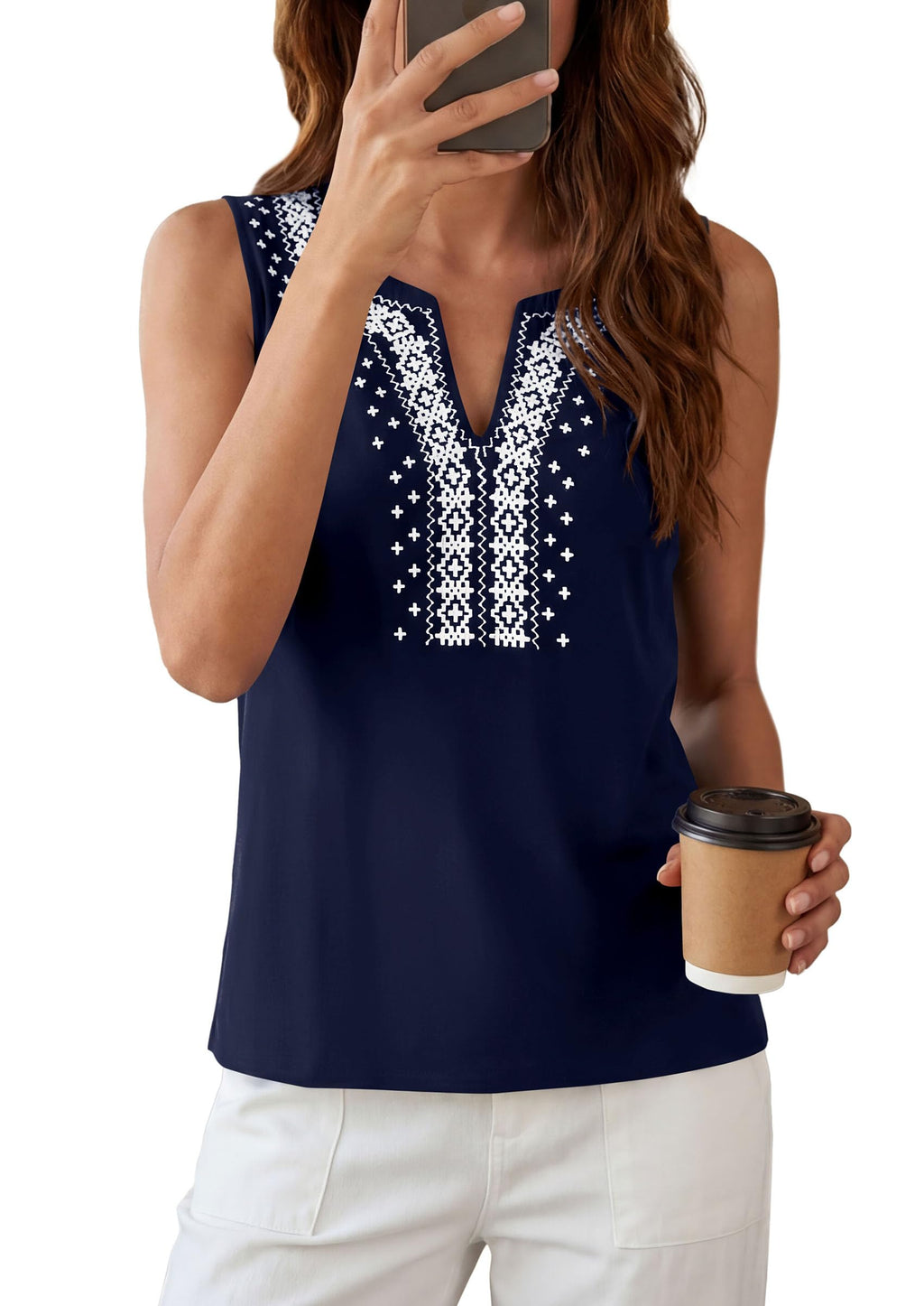 PRETTYGARDEN Womens Tank Tops Summer Causal V Neck Sleeveless Shirts Floral Print Embroidered Beach Vacation Boho Top