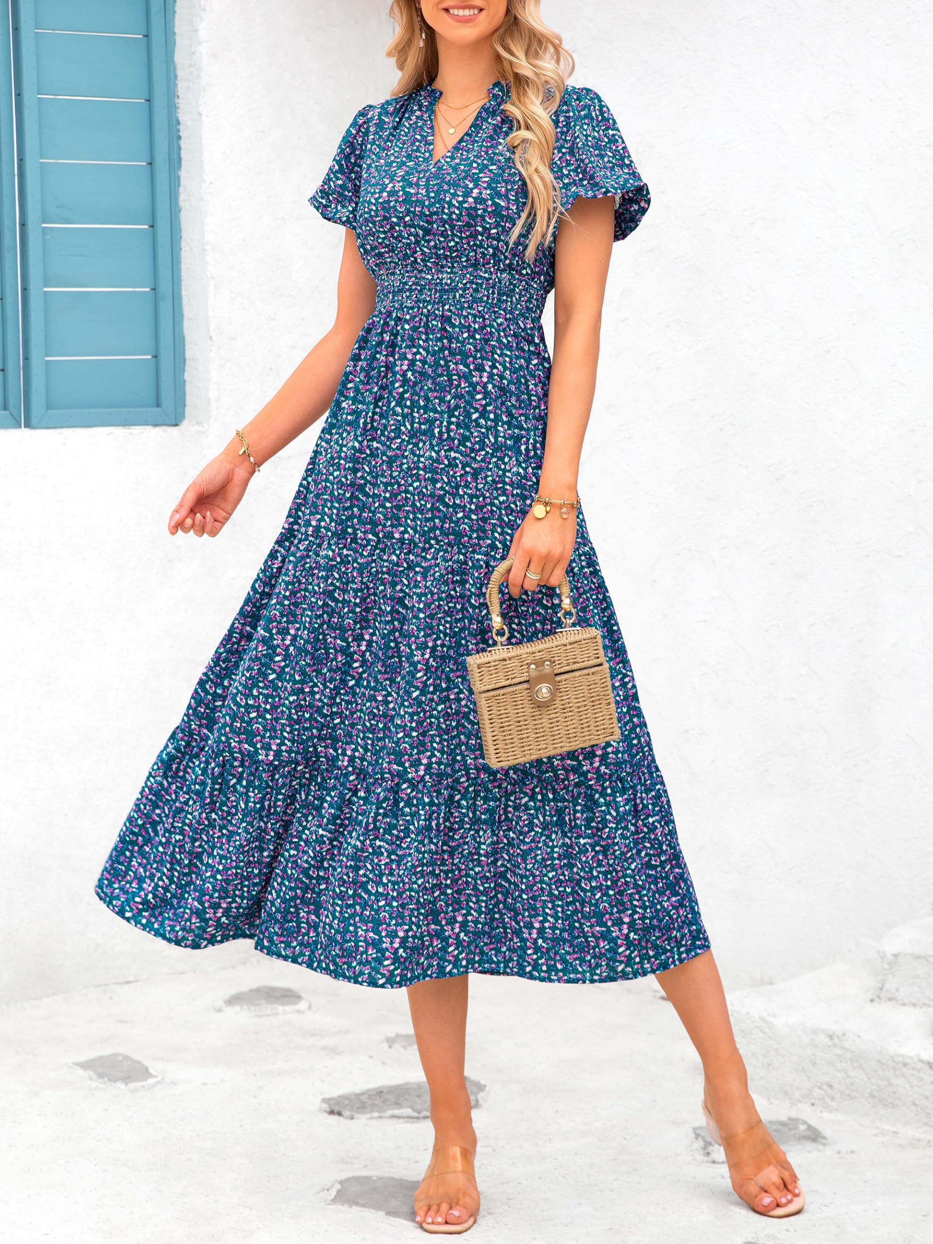 PRETTYGARDEN Summer Maxi Dresses for Women  Casual V Neck Puff Short Sleeve Smocked Flowy Beach Boho Long Floral Dress