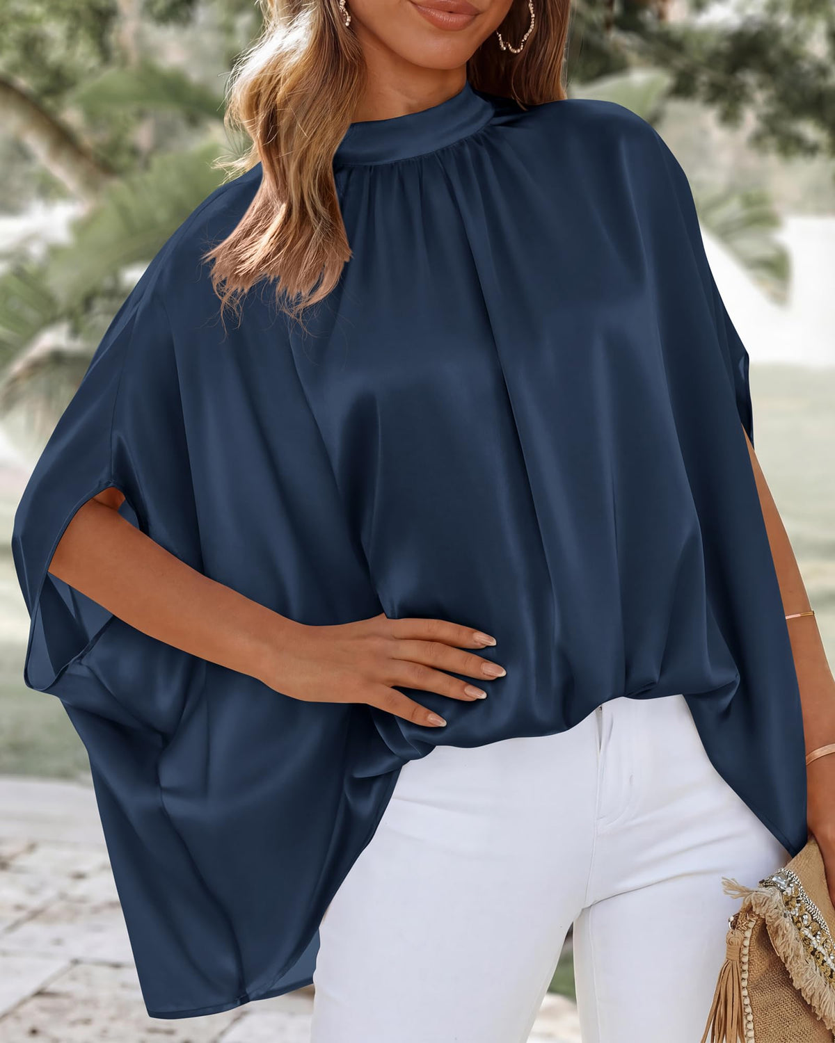 BTFBM Womens Summer Tops Mock Neck Batwing Sleeve Silk Satin Shirts Loose Oversized Dressy Casual Spring Blouses