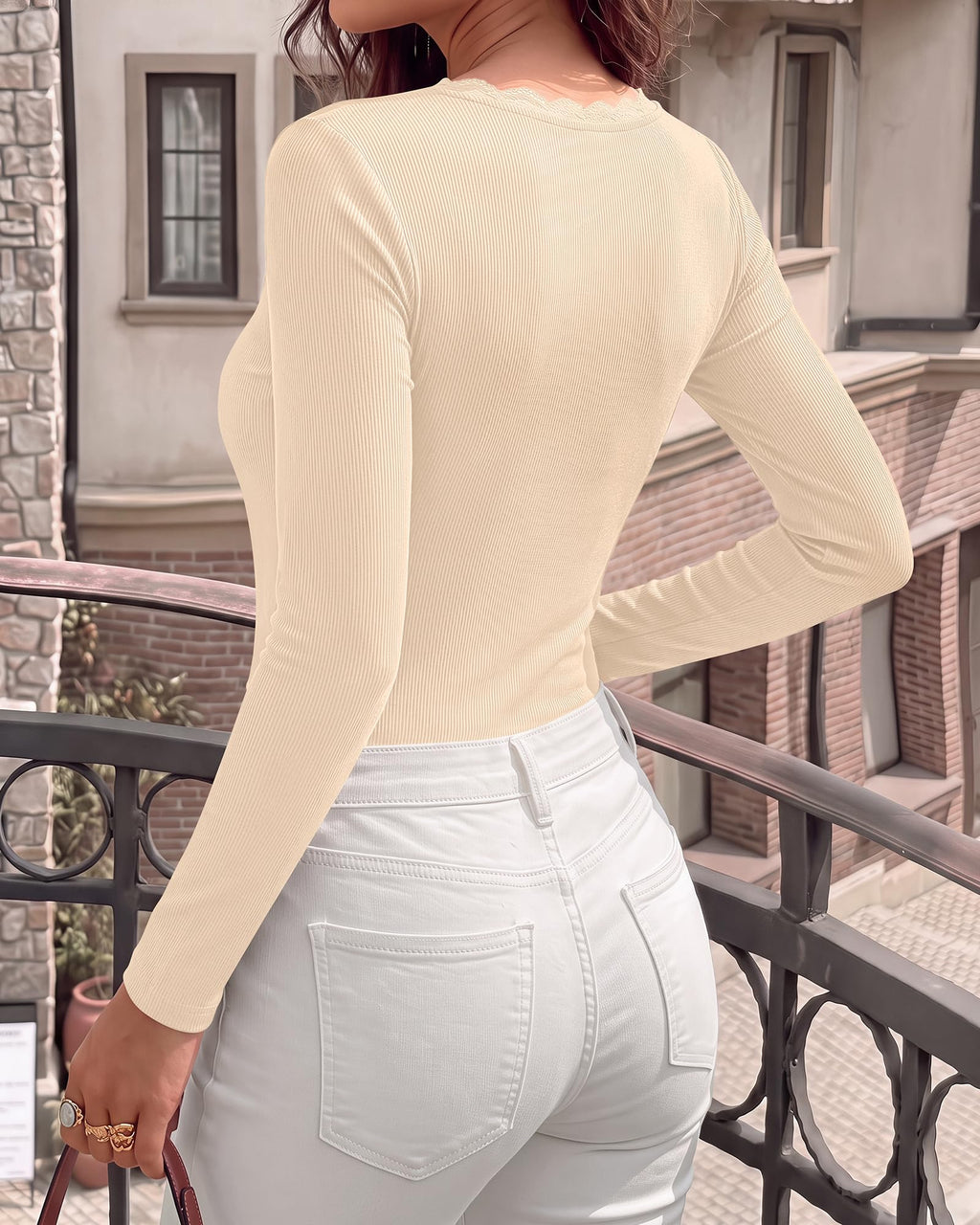 BTFBM Lace Deep V Neck Fitted Long Sleeve Shirts for Women | Womens Fall Fashion, Casual T Shirt, Base Layer, Basic Undershirts, Slim Fit Going Out Tops, Date Night Out Outfits