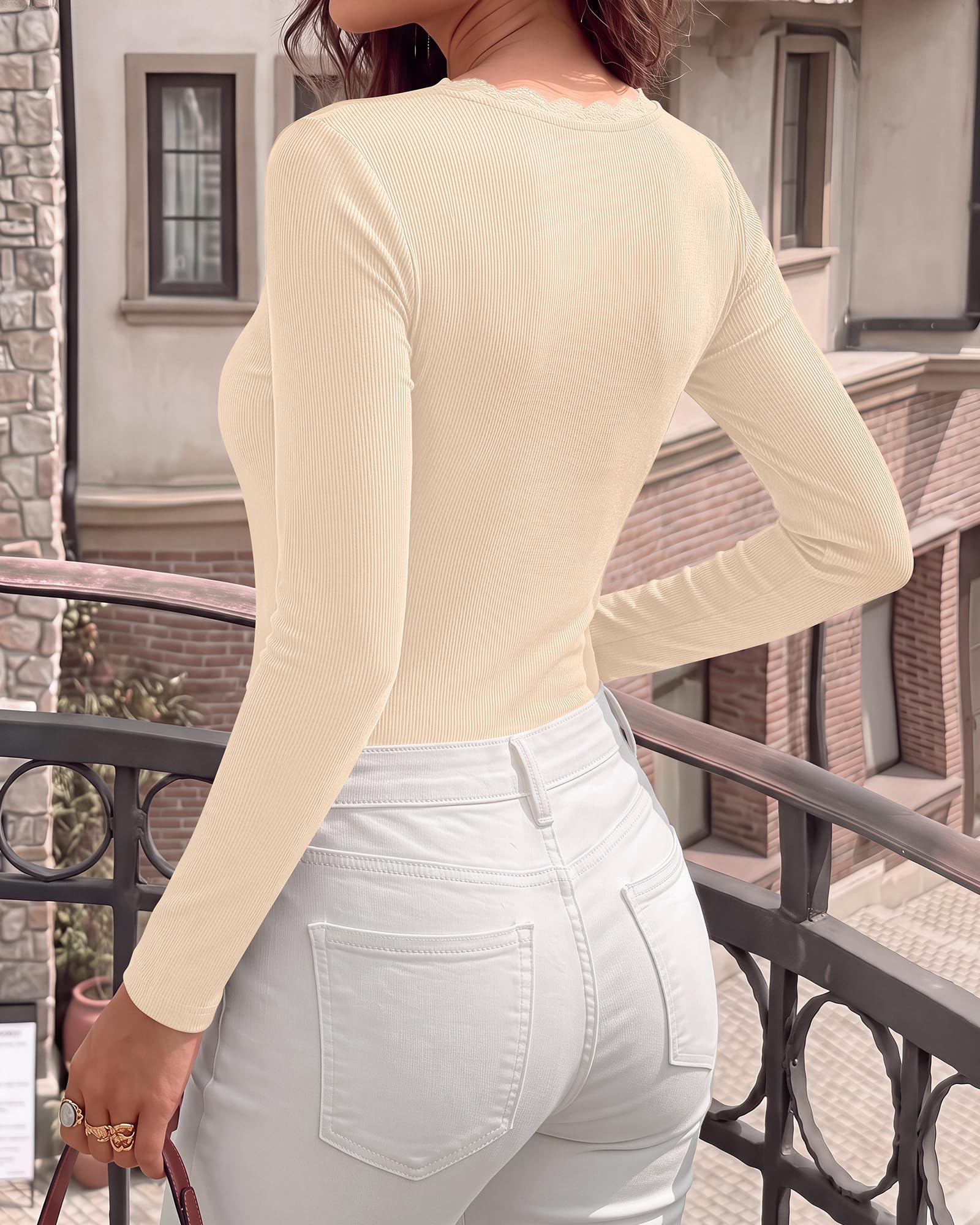 BTFBM Lace Deep V Neck Fitted Long Sleeve Shirts for Women | Womens Fall Fashion, Casual T Shirt, Base Layer, Basic Undershirts, Slim Fit Going Out Tops, Date Night Out Outfits