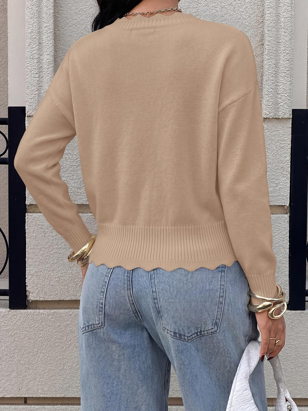 BTFBM Fall Long Sleeve Sweaters for Women | V Neck,Drop Shoulders,Scallop Edges,Lightweight Knit Sweaters Top,Daily Wear,Holiday,Christmas,Winter Clothing