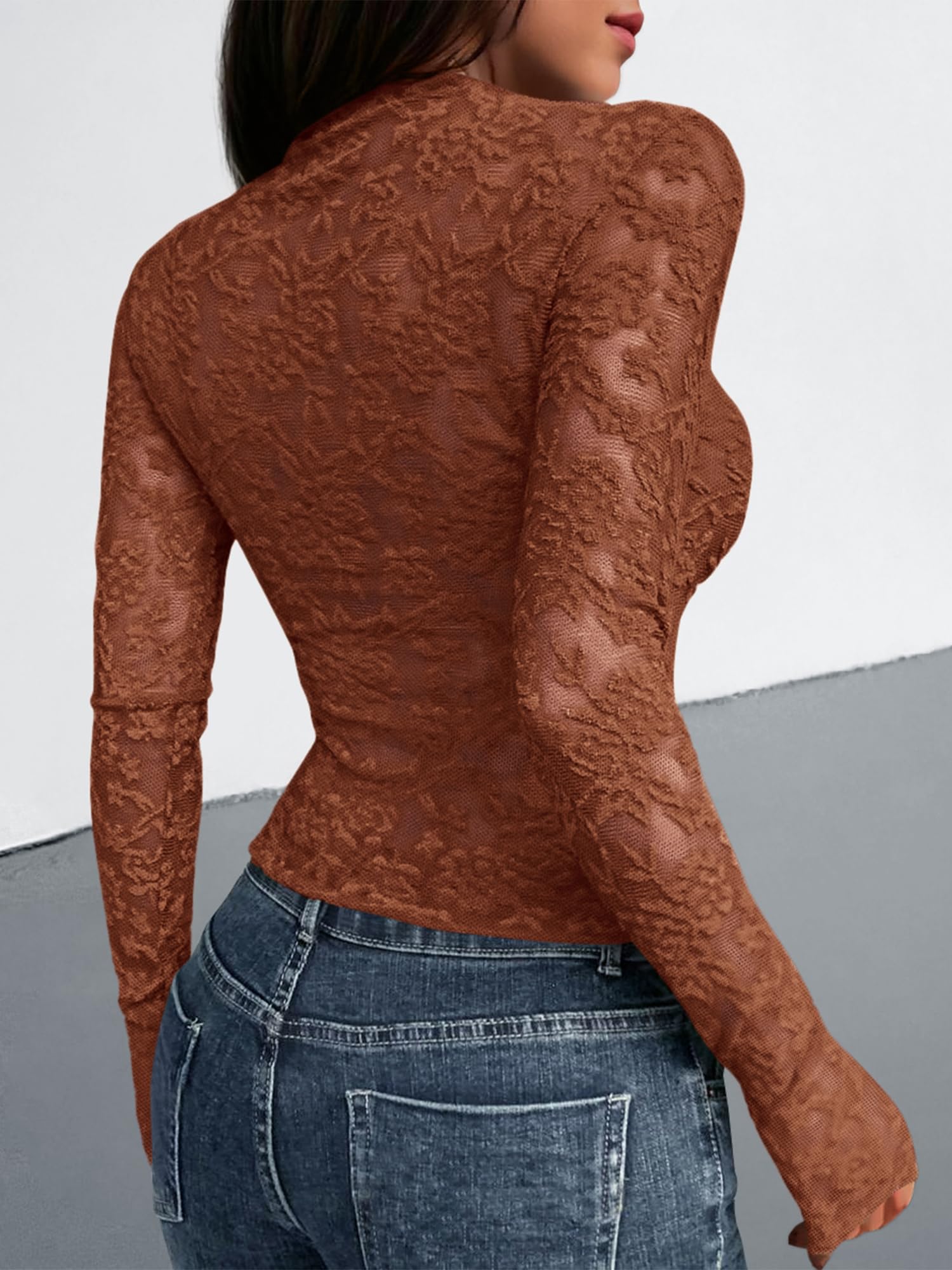 BTFBM Mesh Long Sleeve Tops for Women Lace Sheer Tight See Through Crew Neck Spring Fall Party Club Outfits