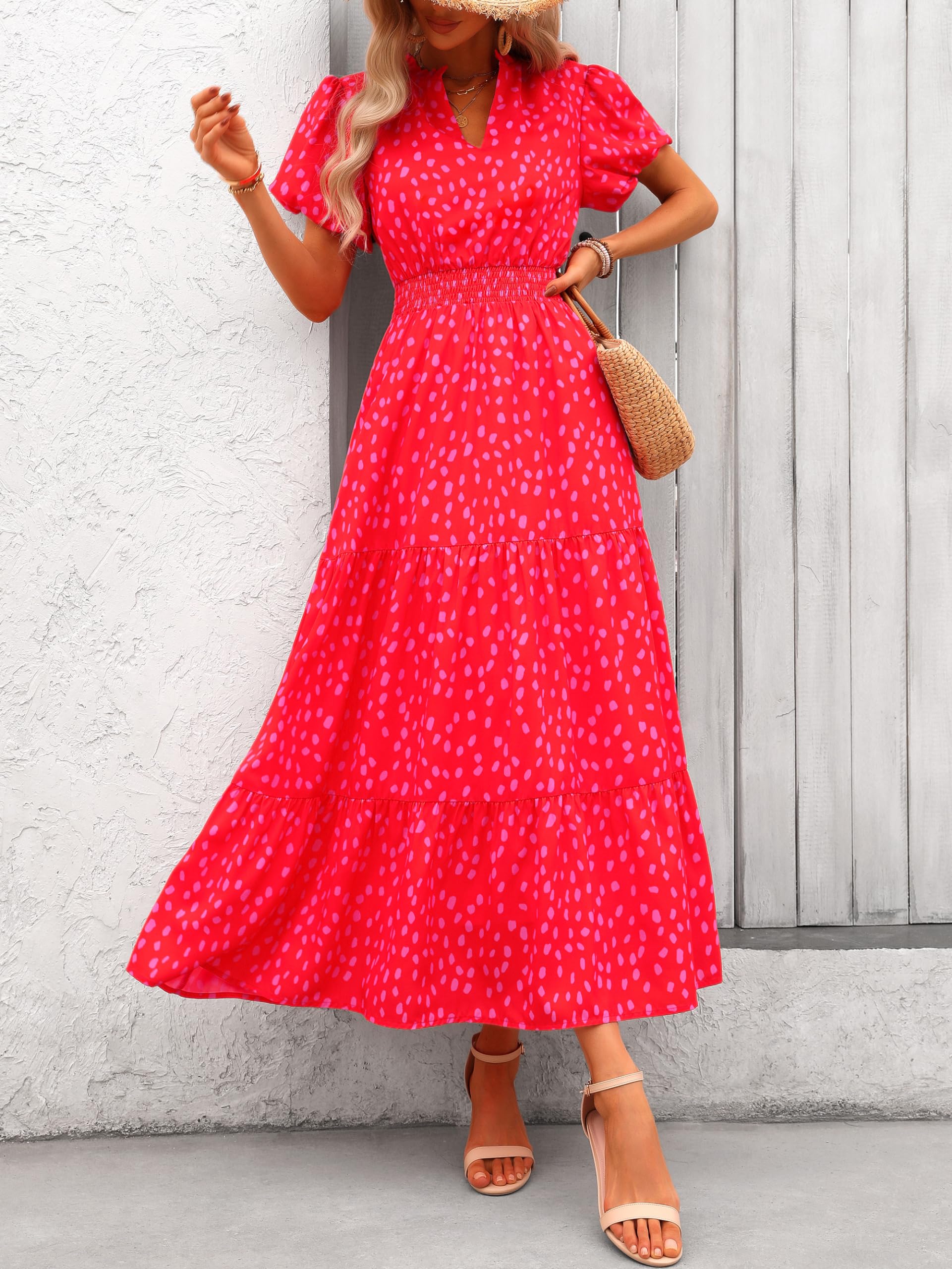 PRETTYGARDEN Summer Maxi Dresses for Women  Casual V Neck Puff Short Sleeve Smocked Flowy Beach Boho Long Floral Dress