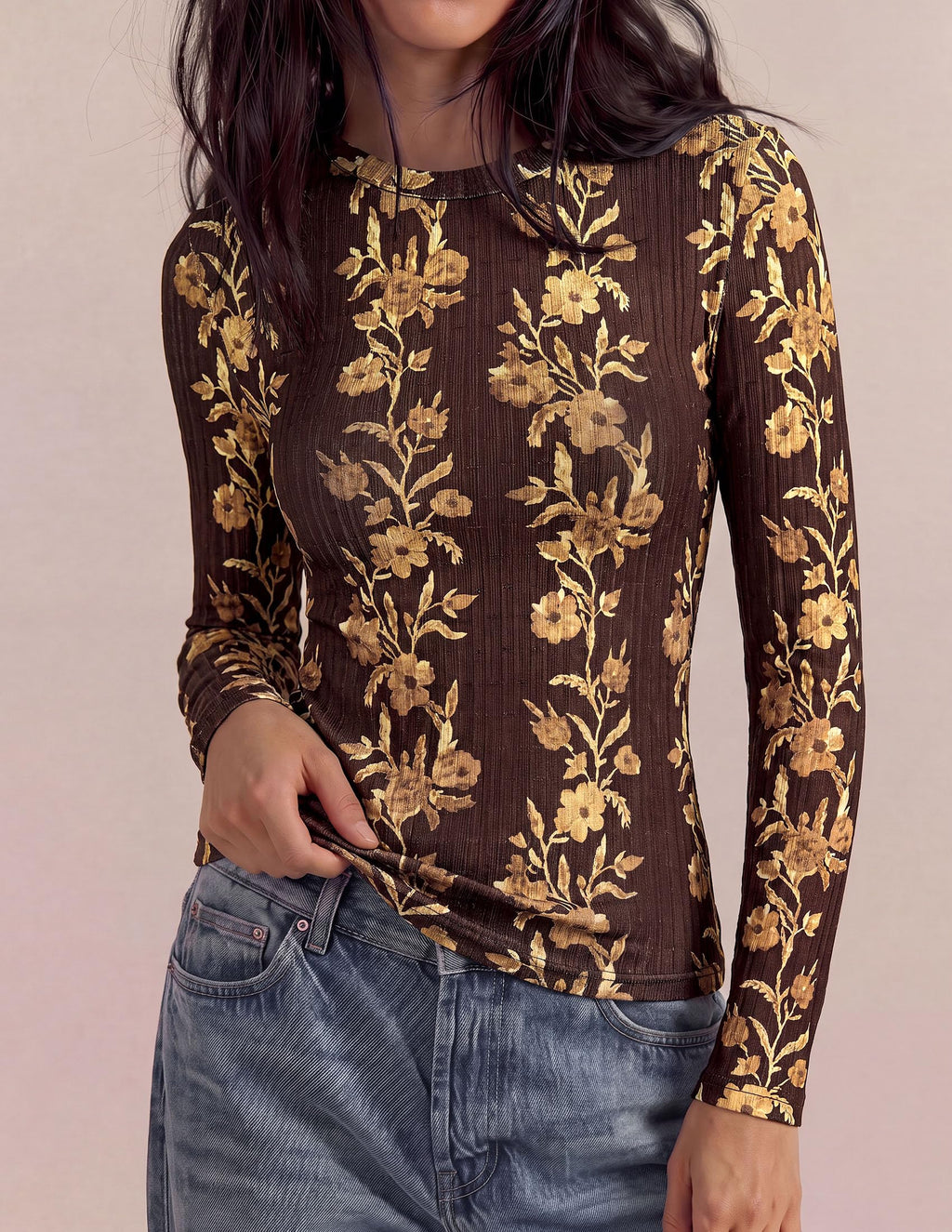 PRETTYGARDEN Womens Long Sleeve Shirts Floral Y2K Tops Soft Lightweight Ribbed Knit Top,Fitted Waist,Crew Neck Slim Fit,Going Out Vacation Outfits,Layering Fall Winter Clothes