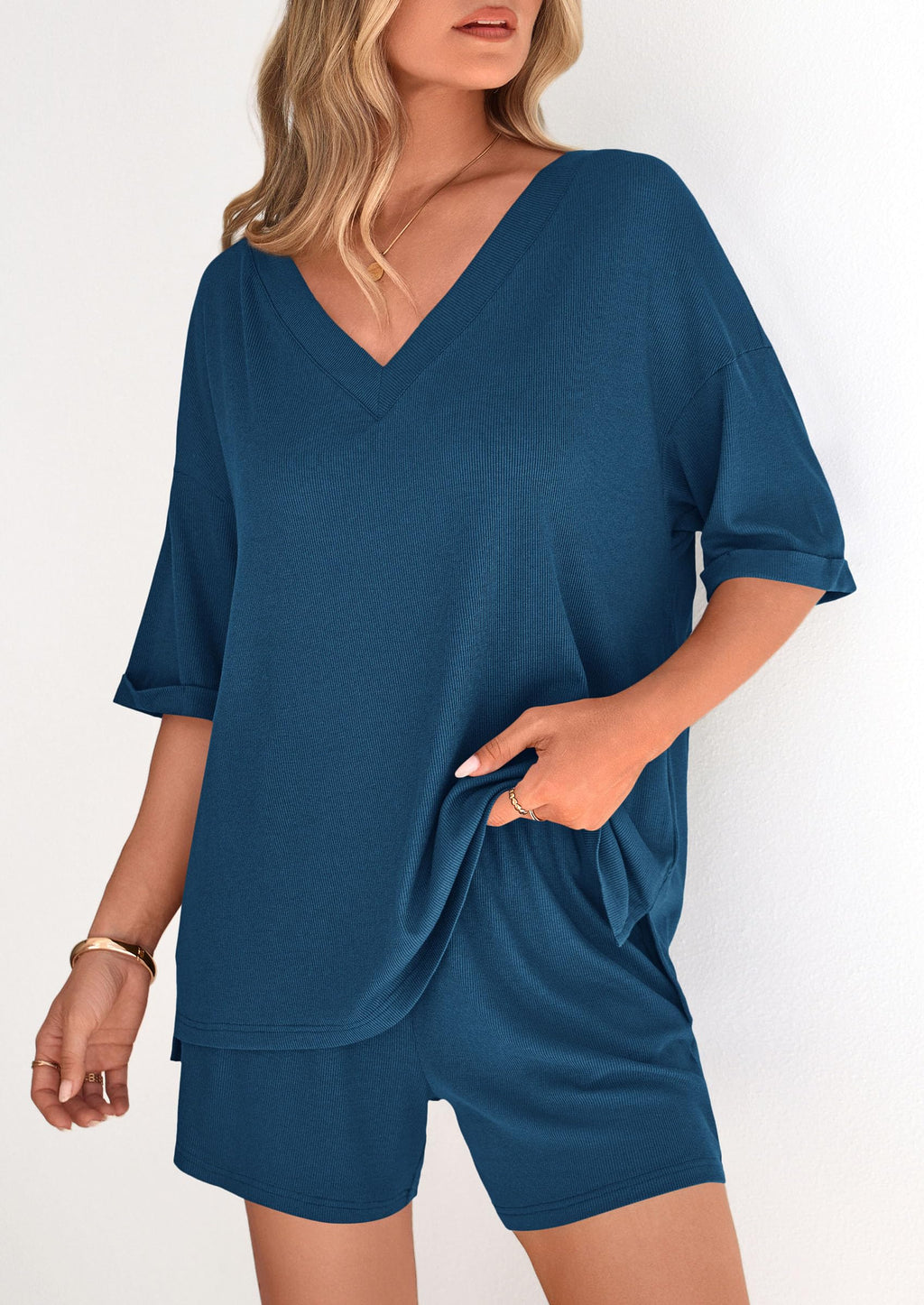 PRETTYGARDEN Womens 2 Piece Sets Summer Oversized Vneck Half Sleeve Tops Shorts Lounge Set Casual Travel Airport Outfits