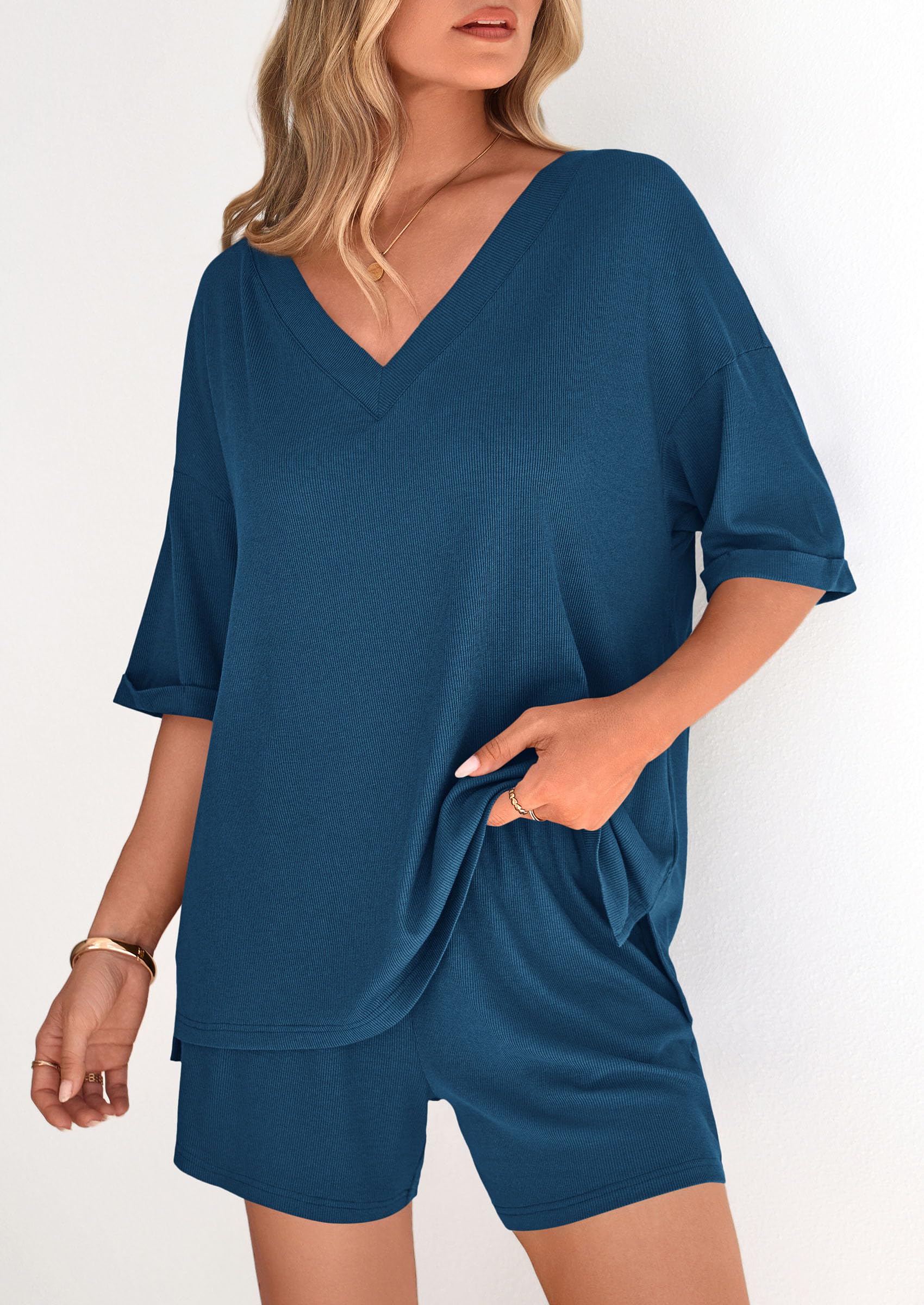 PRETTYGARDEN Womens 2 Piece Sets Summer Oversized Vneck Half Sleeve Tops Shorts Lounge Set Casual Travel Airport Outfits