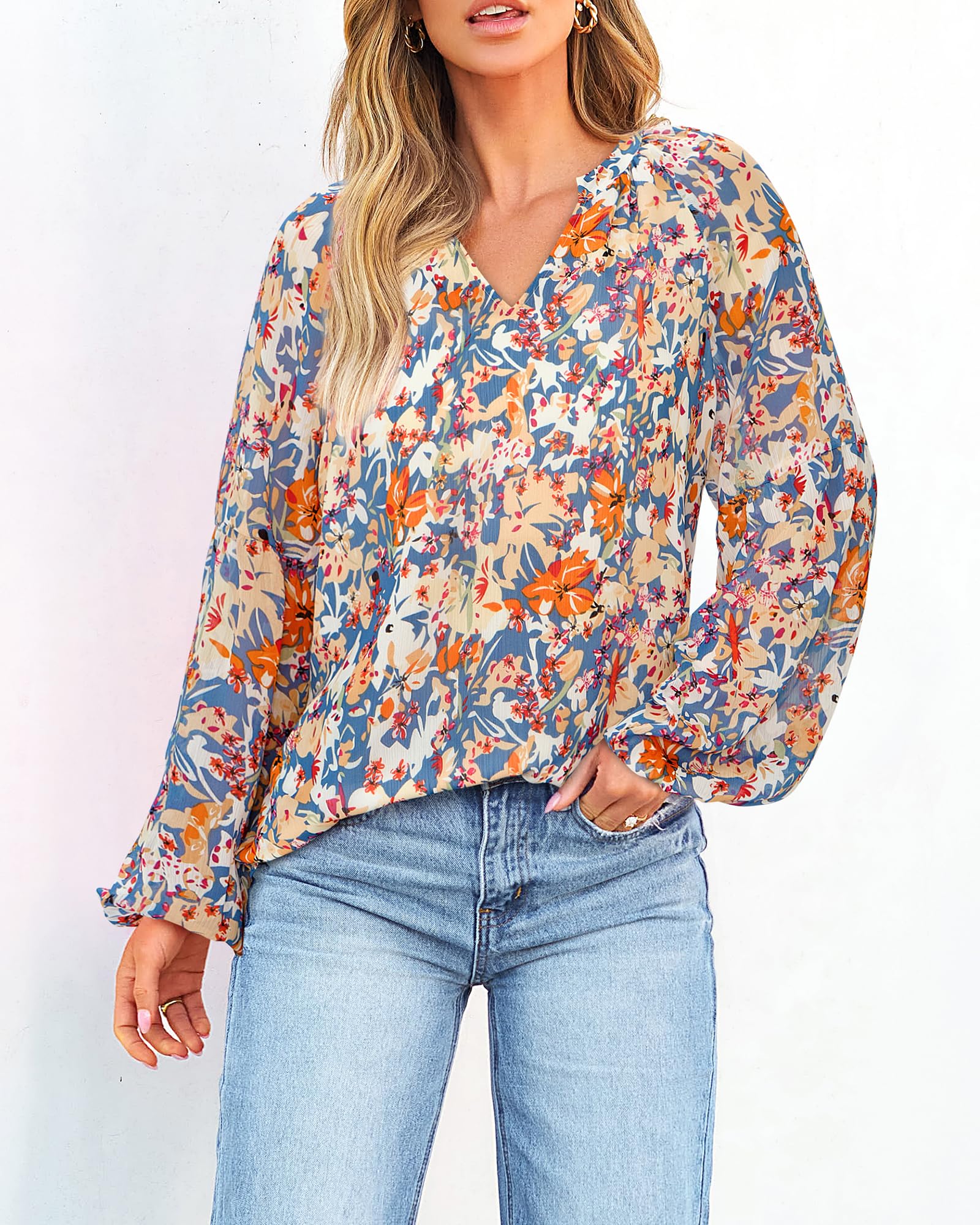 FreshPretty Blouses for Women Floral Boho Tops V Neck Lightweight Long Sleeve Shirts Fall Dressy Casual Vacation Outfits