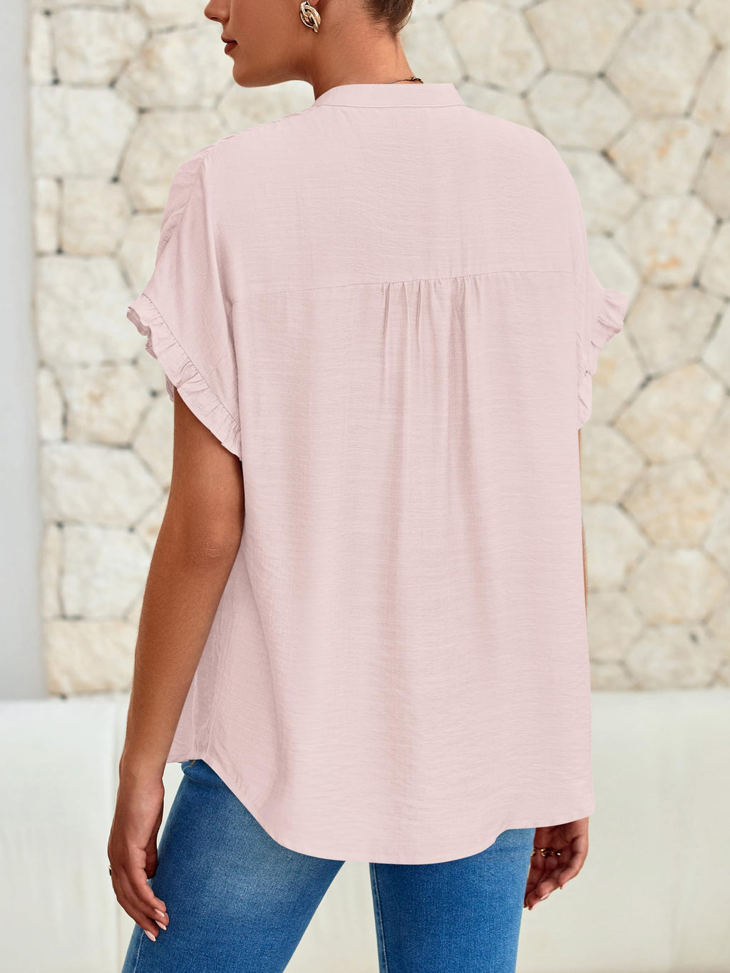 FreshPretty Womens Button Down Shirts Ruffle Short Sleeve Loose Summer Tops Dressy Casual V Neck Business Work Blouses