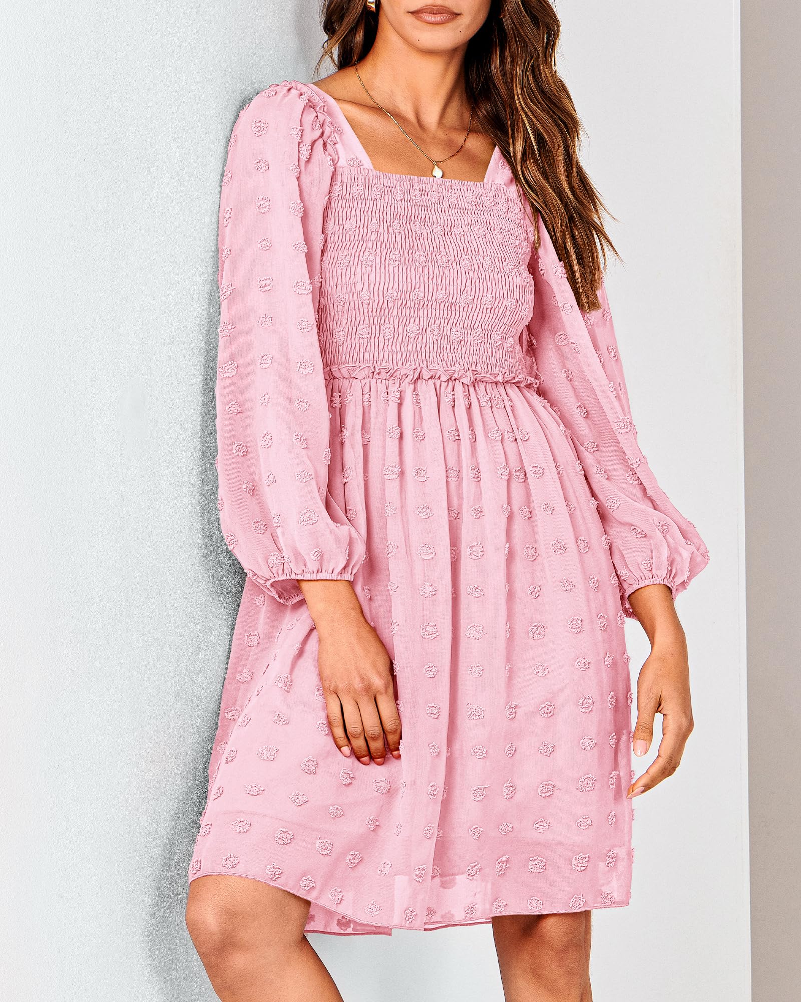 BTFBM Womens Long Sleeve Dress Summer Vacation Square Neck Smocked Floral Mini Boho Spring Wedding Guest Dresses