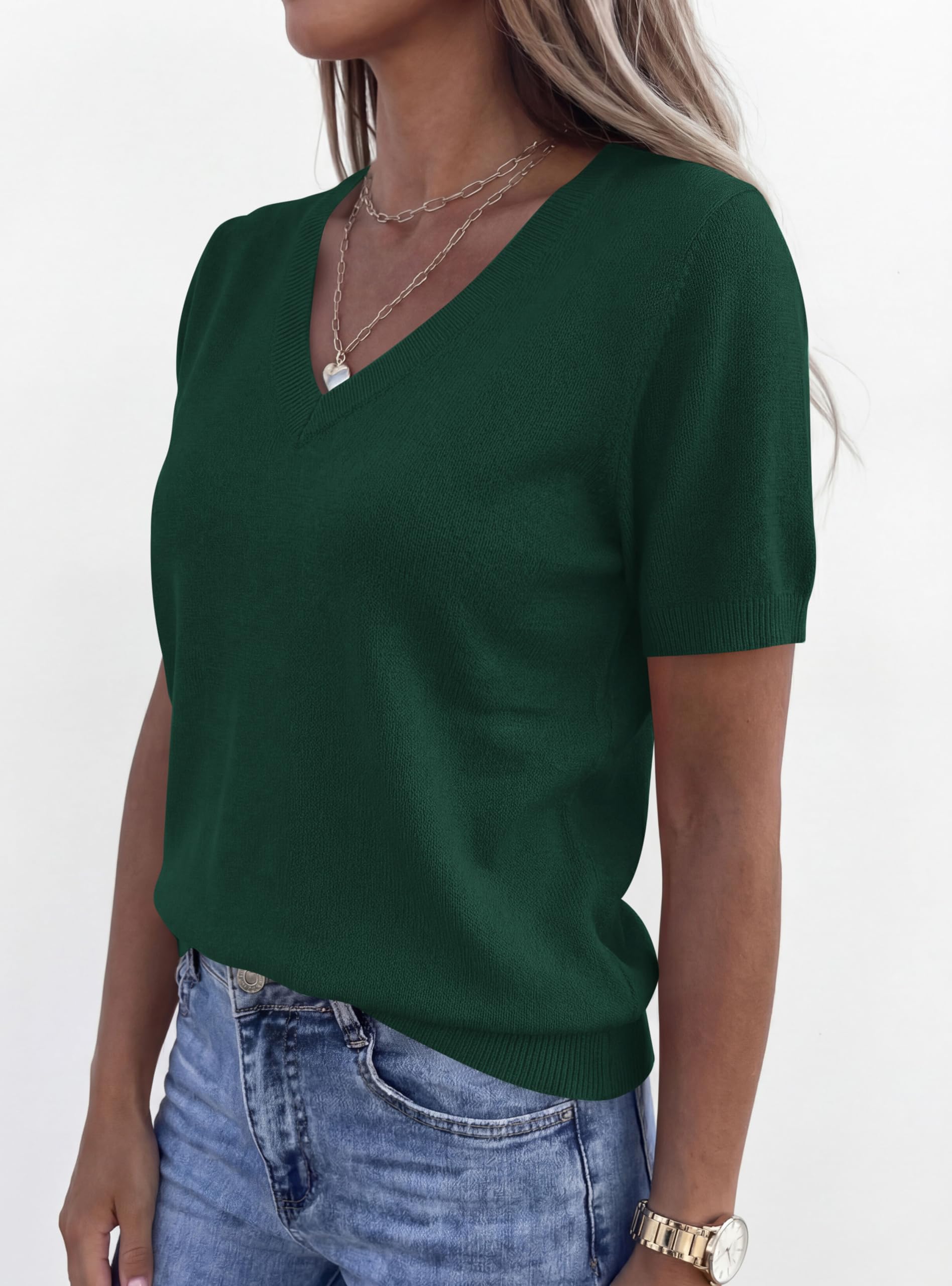 PRETTYGARDEN Womens Short Sleeve Sweater V Neck Trendy Pullover Tops Summer Spring Loose Lightweight Casual Blouse