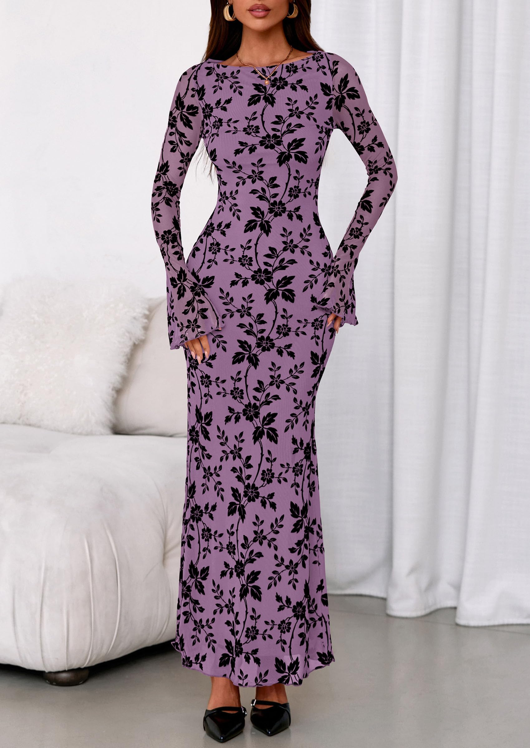PRETTYGARDEN Women's Floral Bodycon Maxi Dress Fall Elegant Mesh Long Sleeve Formal Wedding Guest Cocktail Dresses