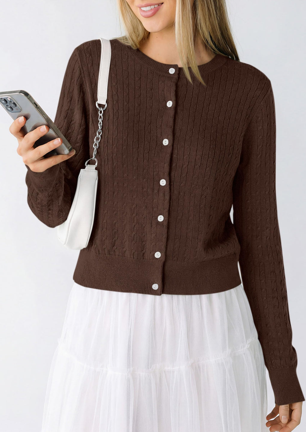 PRETTYGARDEN Women Lightweight Button Up Cardigan Sweaters | Soft Stretchy, Cozy Cable Knit, Long Sleeve Crew Neck, Trendy Cardigans, Cute Casual Outfits, Early Fall Fashion Clothing