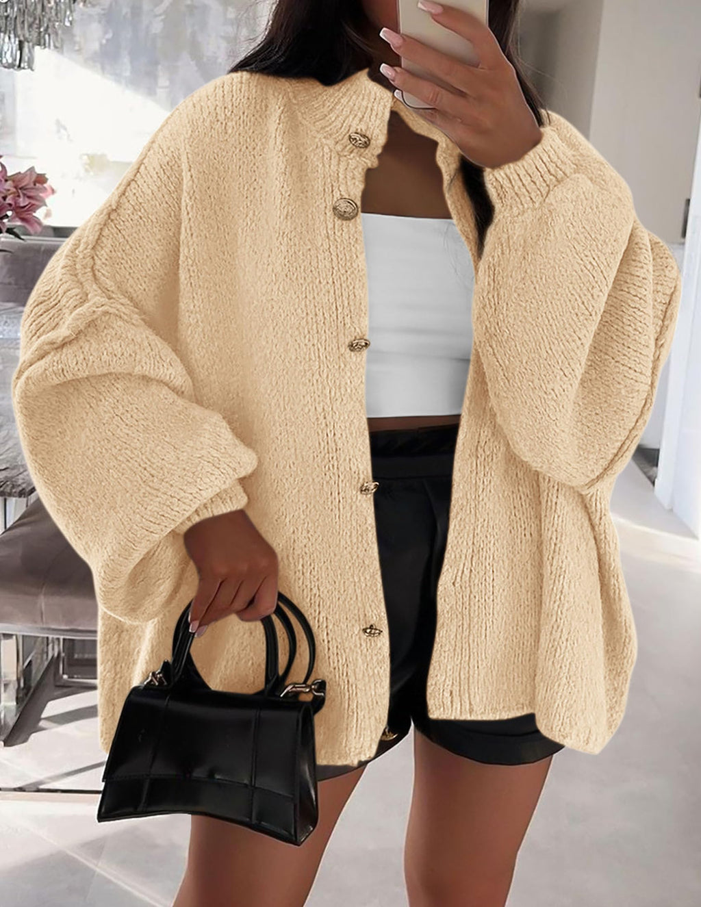 PRETTYGARDEN Women's Winter Button Down Cardigan Sweaters Mock Neck Lantern Long Sleeve Chunky Knit Jacket Trendy Outerwear