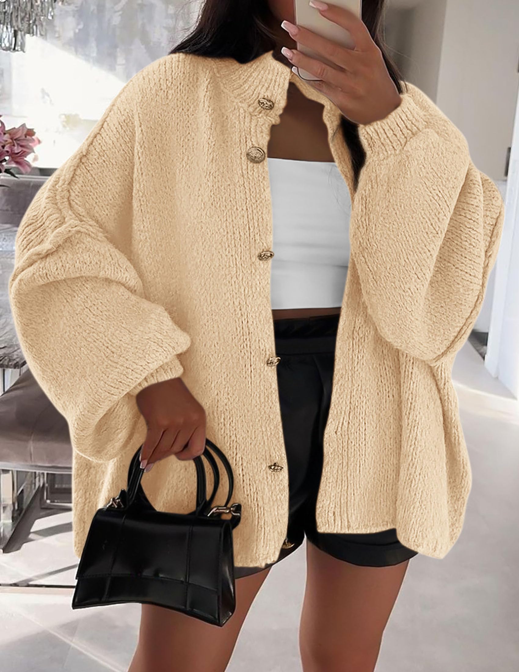 PRETTYGARDEN Women's Winter Button Down Cardigan Sweaters Mock Neck Lantern Long Sleeve Chunky Knit Jacket Trendy Outerwear