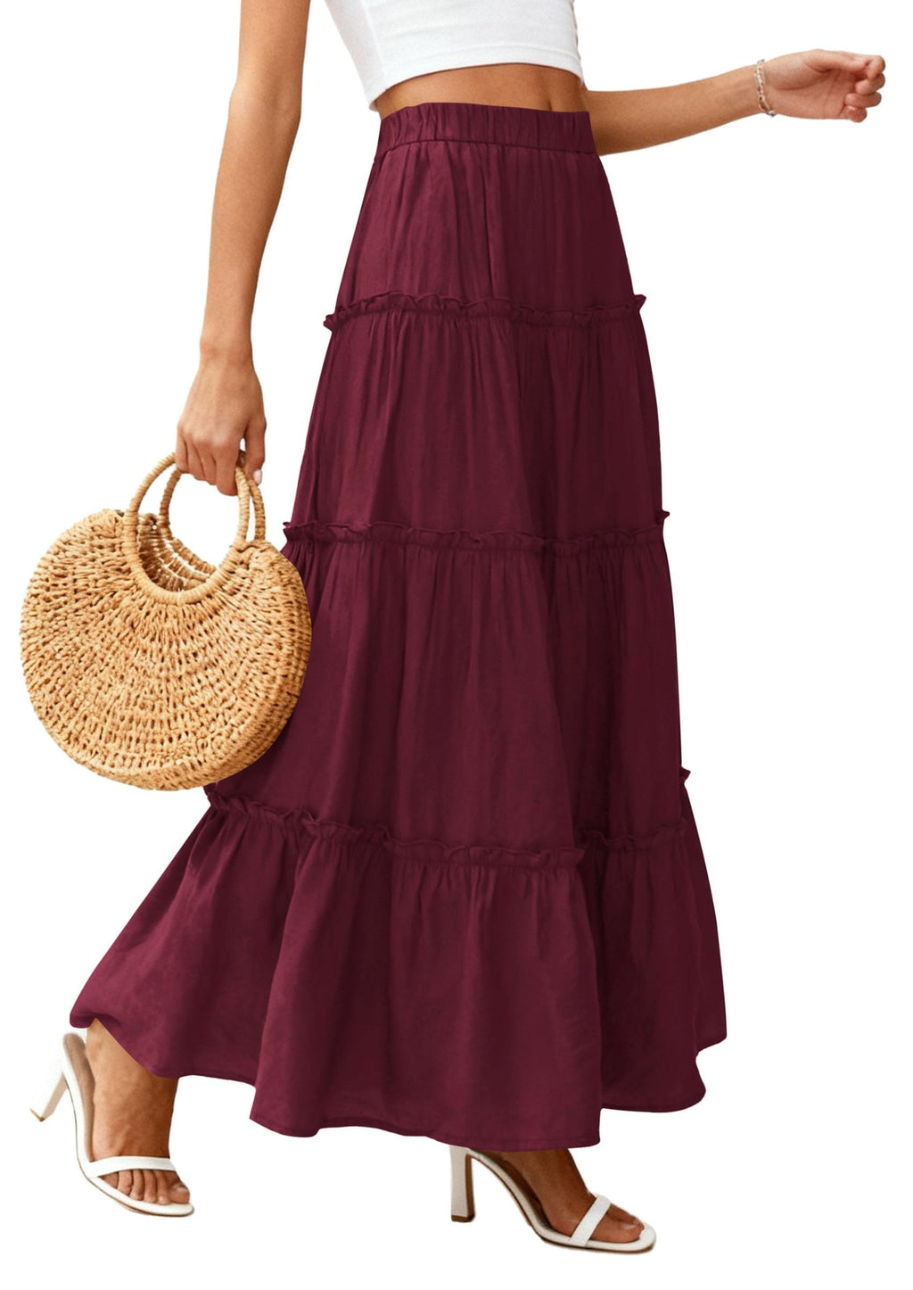 PRETTYGARDEN Women's Tiered Maxi Skirt Summer Spring Fashion High Waisted Long Flowy Casual Boho Beach Vacation Clothes