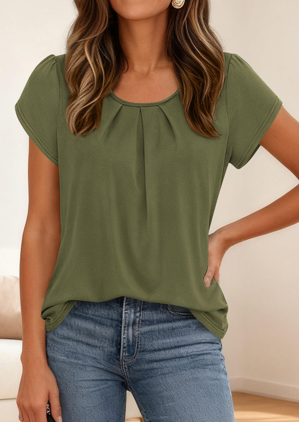 PRETTYGARDEN Womens Tops Dressy Casual Summer Short Sleeve Blouses Crew Neck Pleated Basic T Shirts Spring Clothes