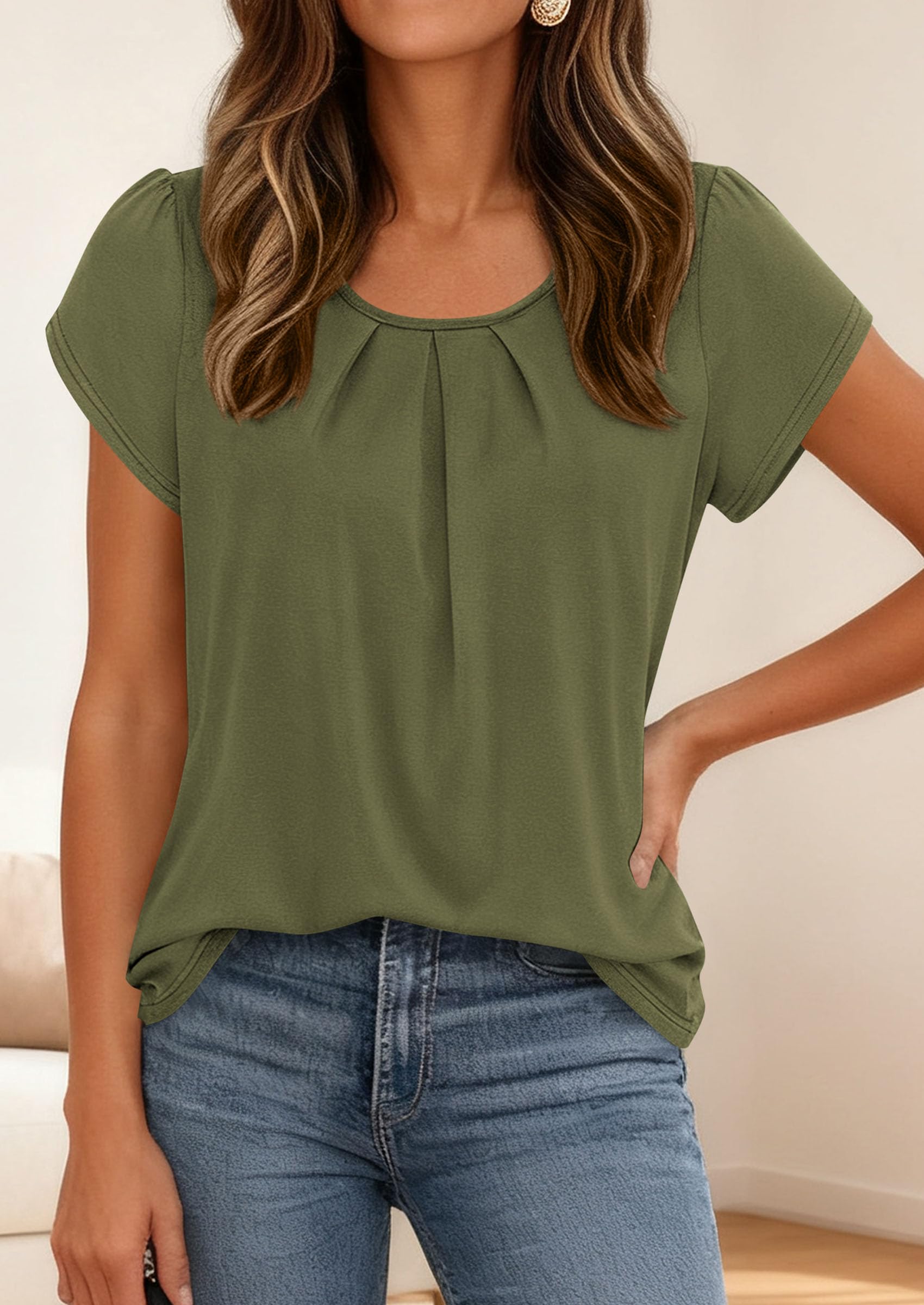 PRETTYGARDEN Womens Tops Dressy Casual Summer Short Sleeve Blouses Crew Neck Pleated Basic T Shirts Spring Clothes