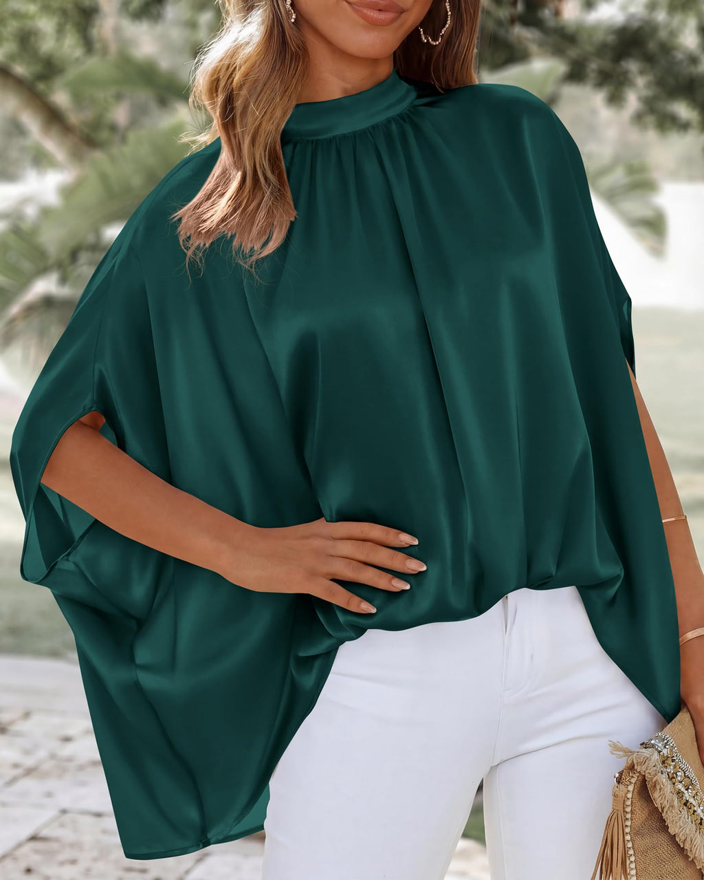 BTFBM Womens Summer Tops Mock Neck Batwing Sleeve Silk Satin Shirts Loose Oversized Dressy Casual Spring Blouses