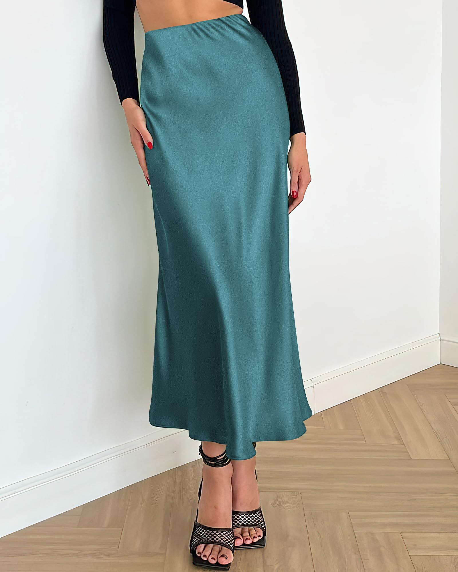 BTFBM Summer Womens Skirts Silk Elegant High Waist Flowy Long Satin A-Line Midi Skirt Cocktail Wedding Party