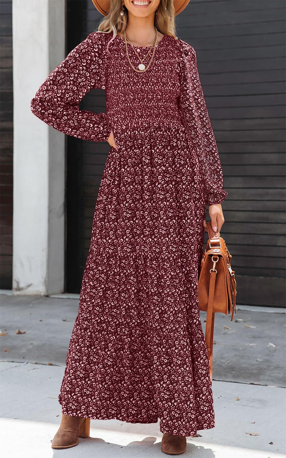 PRETTYGARDEN Women's Fall Dresses Long Sleeve Flowy Casual Floral Maxi Dress Crew Neck Smocked Tiered Long Dress