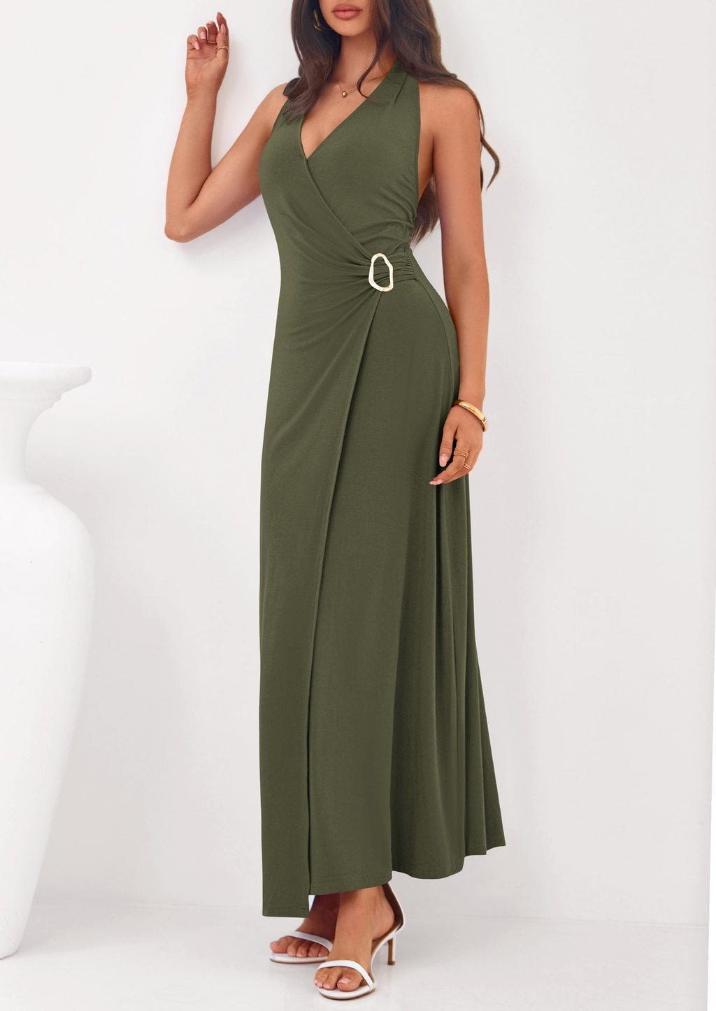 PRETTYGARDEN Holiday Cocktail Dresses for Women Summer Elegant V Neck Halter Backless Wedding Guest Party Midi Dress