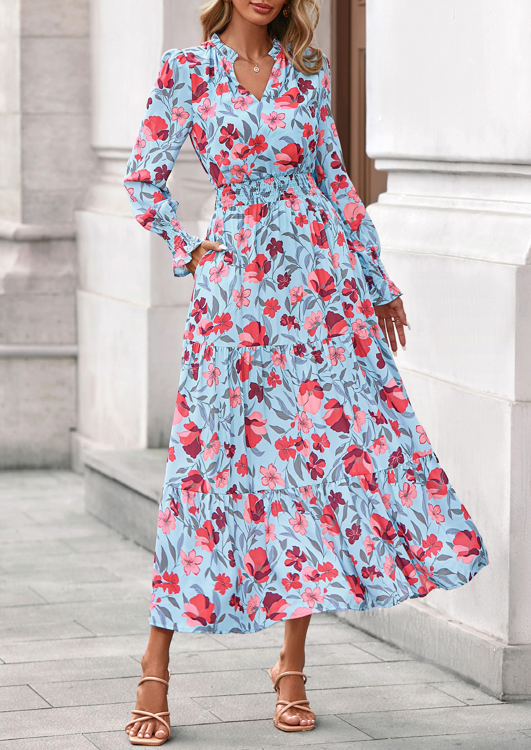 PRETTYGARDEN Women's Floral Maxi Dress Fall Long Sleeve V Neck Casual A Line Long Flowy Boho Party Dresses