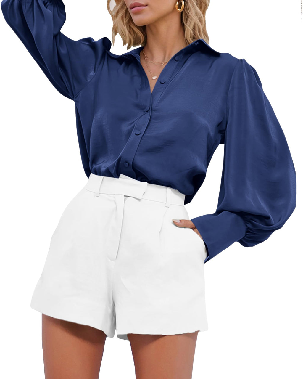 BTFBM Women Satin Blouses Summer Fall Clothes Button Down Lantern Long Sleeve Shirts Work Business Casual Dressy Tops