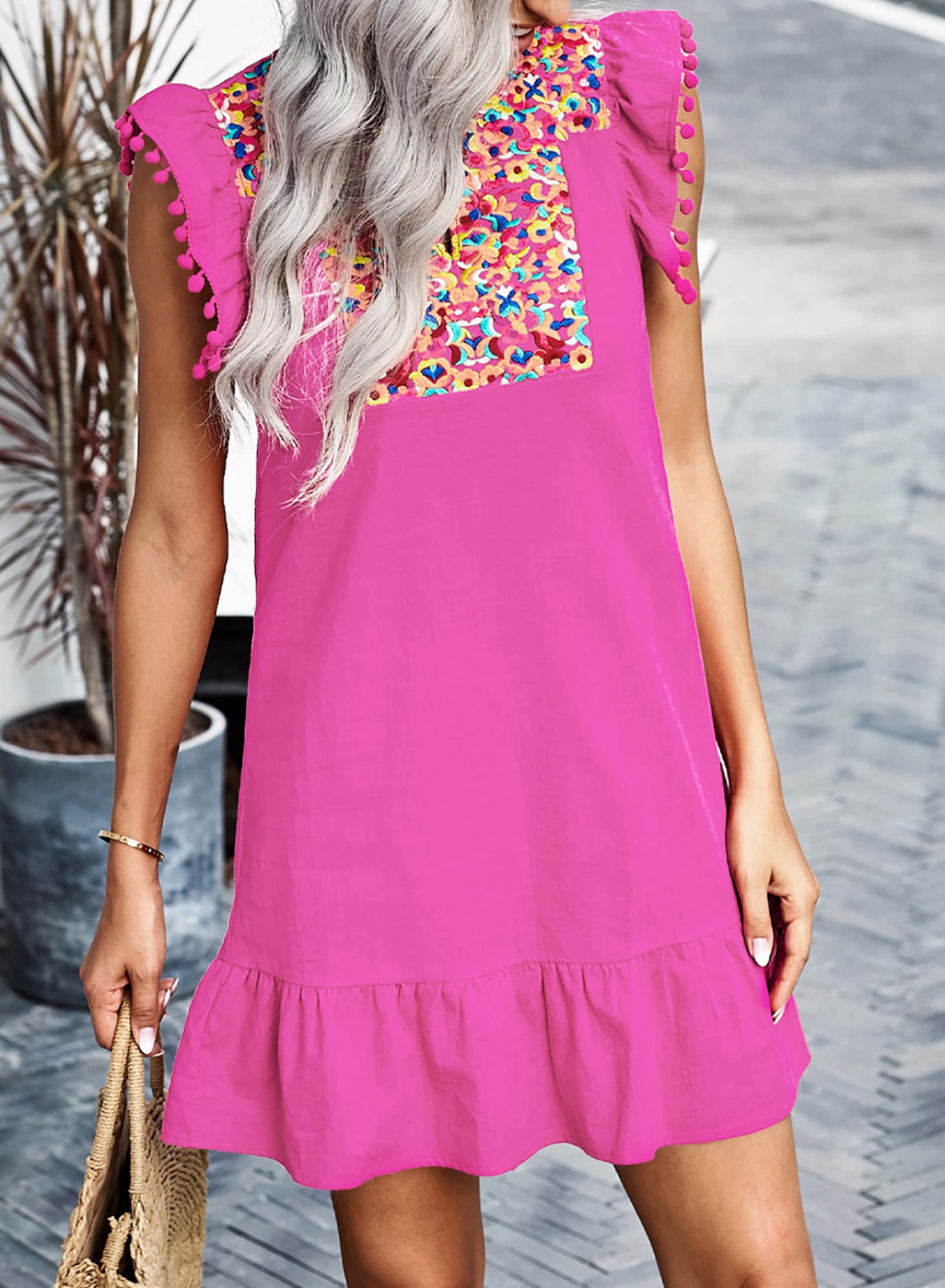 FreshPretty Women's Summer Mini Dress Casual V Neck Floral Embroidered Ruffle Sleeveless Shift Flowy Boho Dress