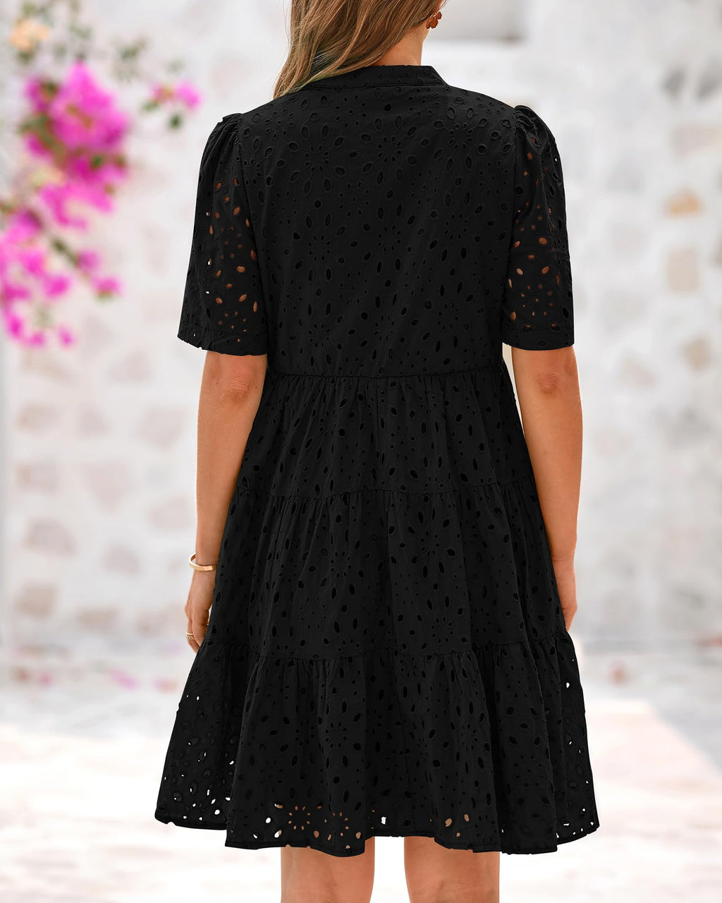 BTFBM Womens Boho Summer Dresses Spring V Neck Short Sleeve Hollow Out Lace Ruffle Casual Beach Mini Vacation Dress