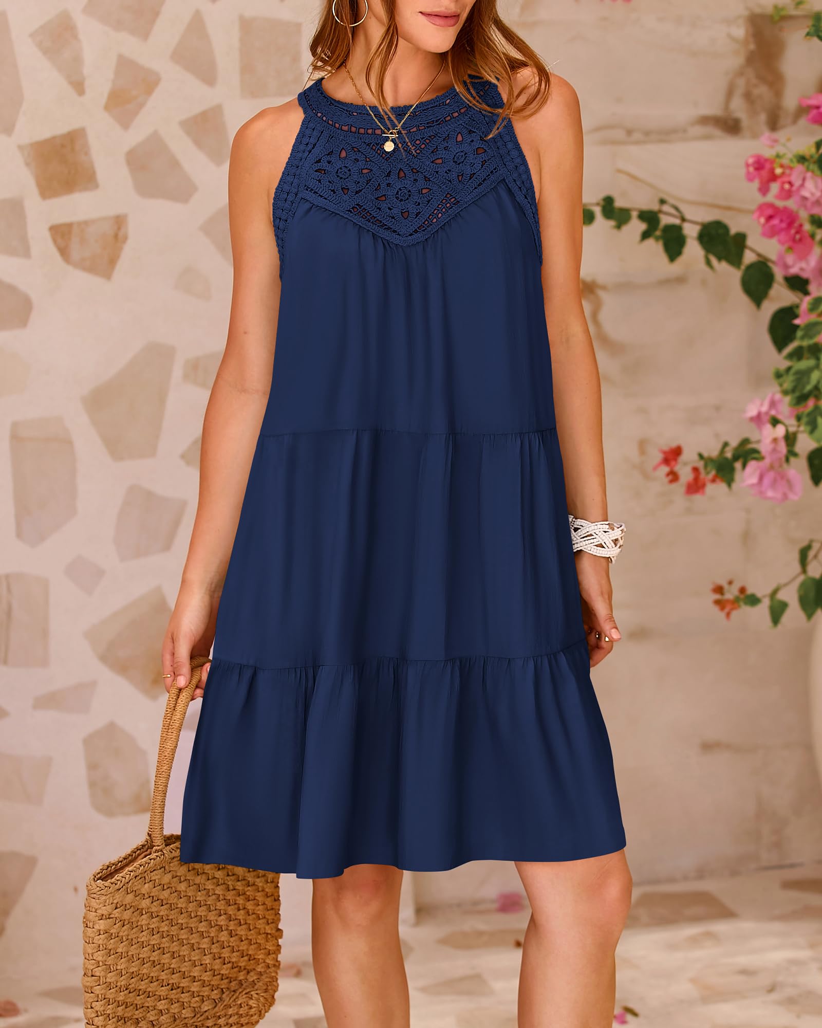 PRETTYGARDEN  Women Summer Dresses Casual Spring Clothes Sleeveless Halter Neck A-Line Tiered Mini Dress Beach Sundress