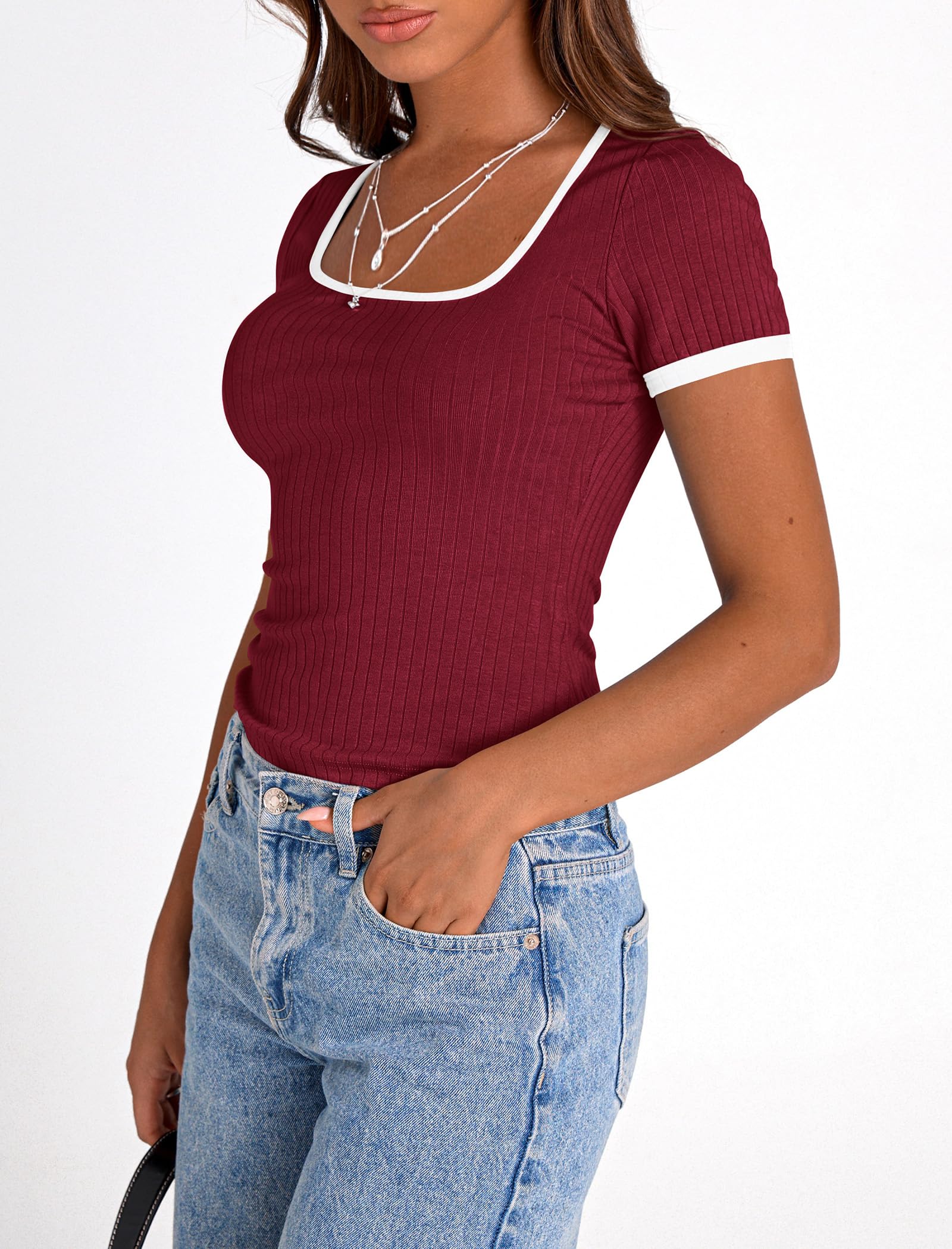 PRETTYGARDEN Women's Summer Short Sleeve T Shirts Ribbed Knit Square Neck Color Block Slim Fit Basic Casual Crop Tops Blouses