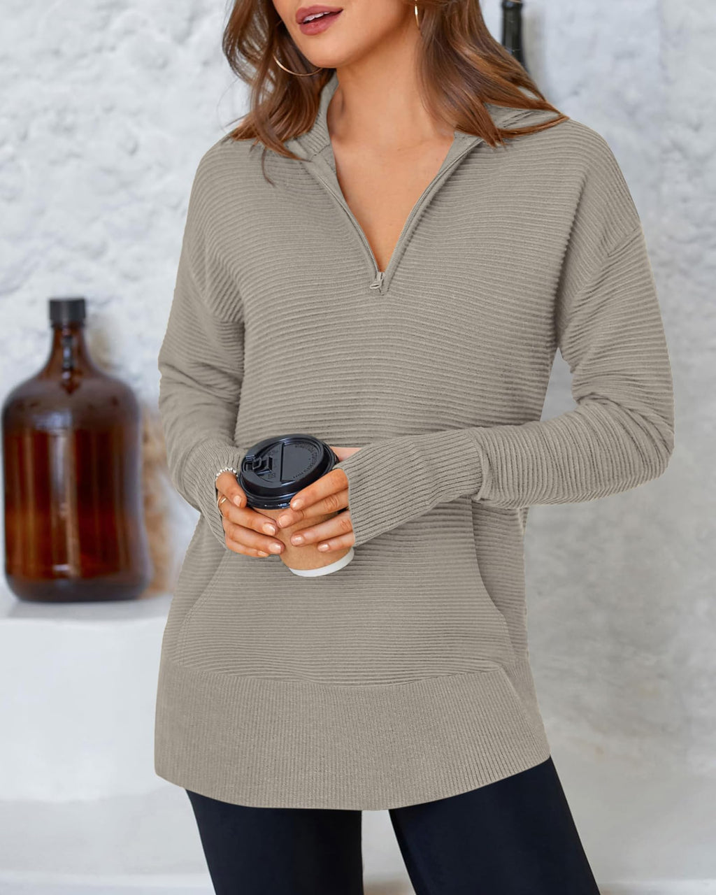 BTFBM Sweaters for Women Fall Clothes Pocket Quarter Zip Pullover V Neck Long Sleeve Knit Trendy Winter Sweater