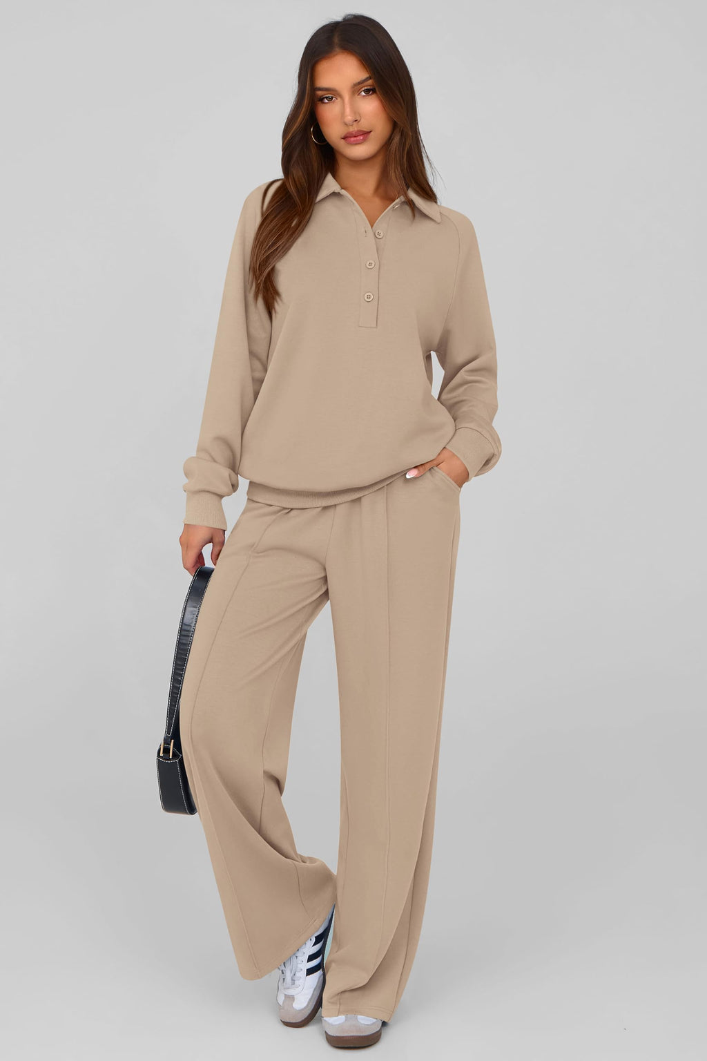 PRETTYGARDEN Women Fall 2 Piece Outfits Sweatsuits Lounge Sets Quarter Button Long Sleeve Sweatshirt, Wide Leg Sweat Pants, Casual 2 Piece Sets Tracksuit, Airport Travel Outfits for Women